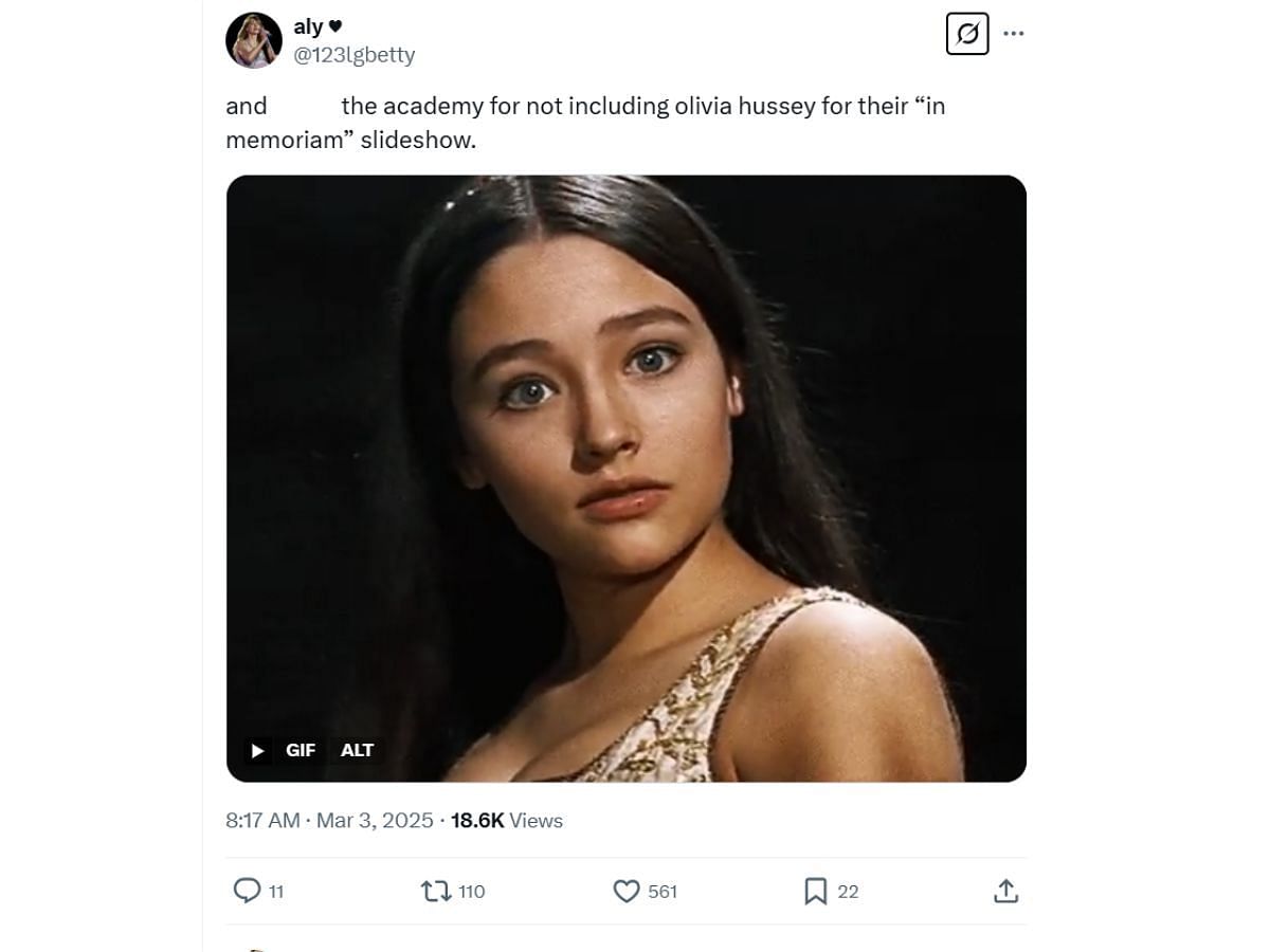 X user expresses discontent on Olivia Hussey&#039;s absence In Memoriam segment (Image via X/ @123lgbetty)