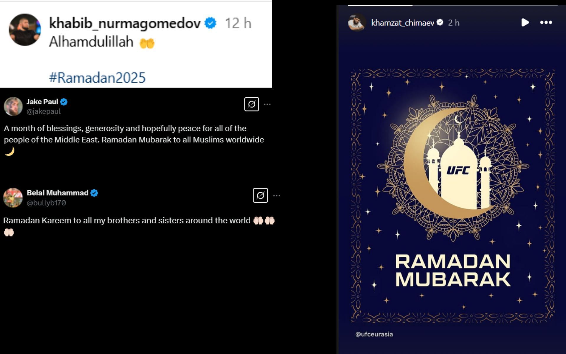 Combat sport stars share Ramadan greetings. [Screenshots courtesy: @khamzat_chimaev and @khabib_nurmagomedov on Instagram and @jakepaul and @bullyb170 on X]