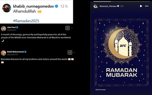 Combat sport stars share Ramadan greetings. [Screenshots courtesy: @khamzat_chimaev and @khabib_nurmagomedov on Instagram and @jakepaul and @bullyb170 on X]