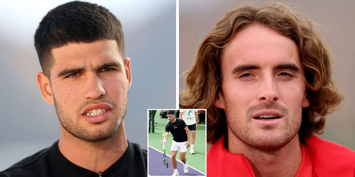 Carlos Alcaraz (L), Stefanos Tsitsipas (R), Alcaraz with his Babolat Pure Aero (inset) - Image Source: Getty