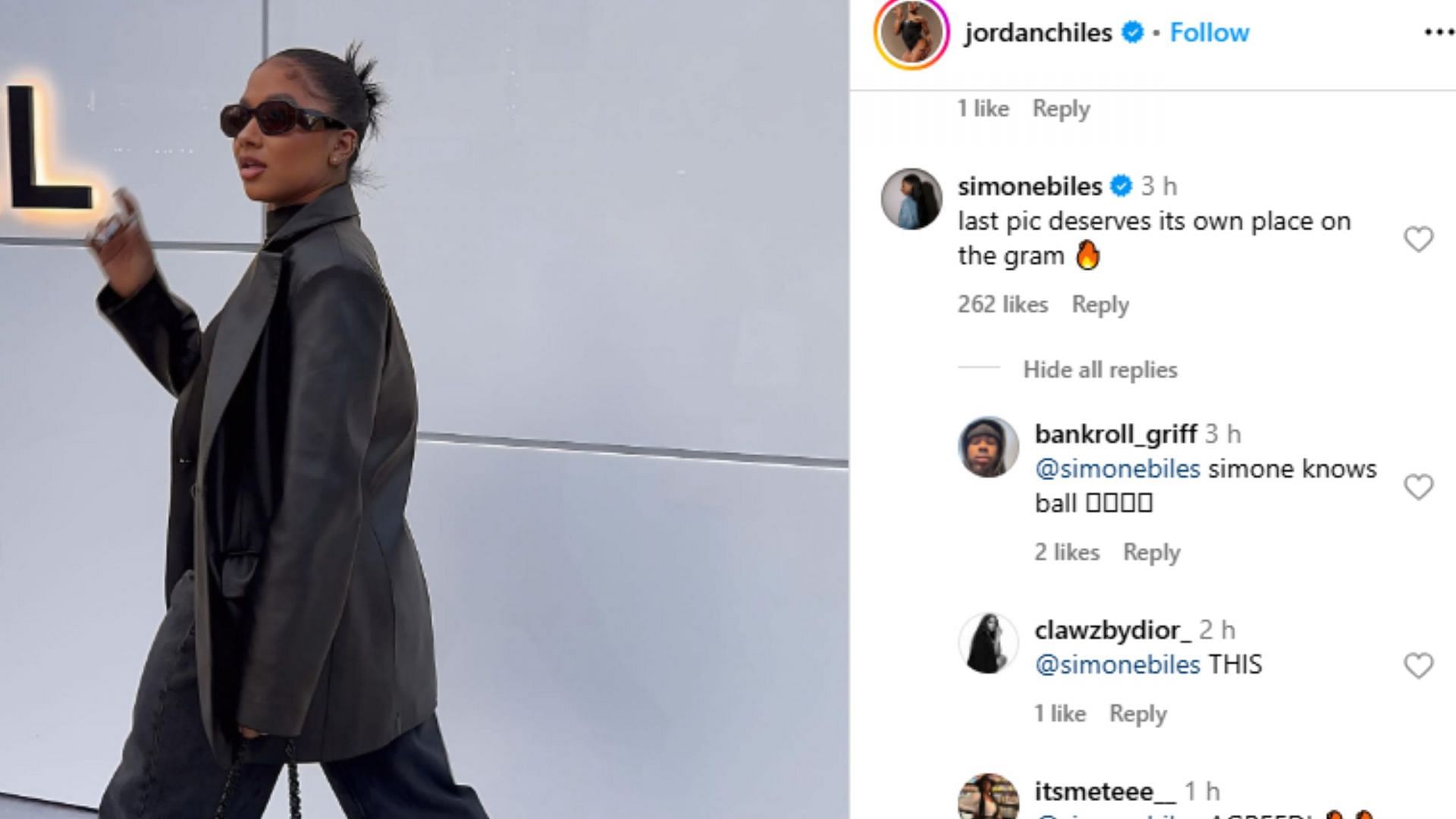 Screengrab of Simone Biles&#039; comment on Jordan Chiles&#039; Instagram post [Image Source : Jordan Chiles&#039; Instagram]