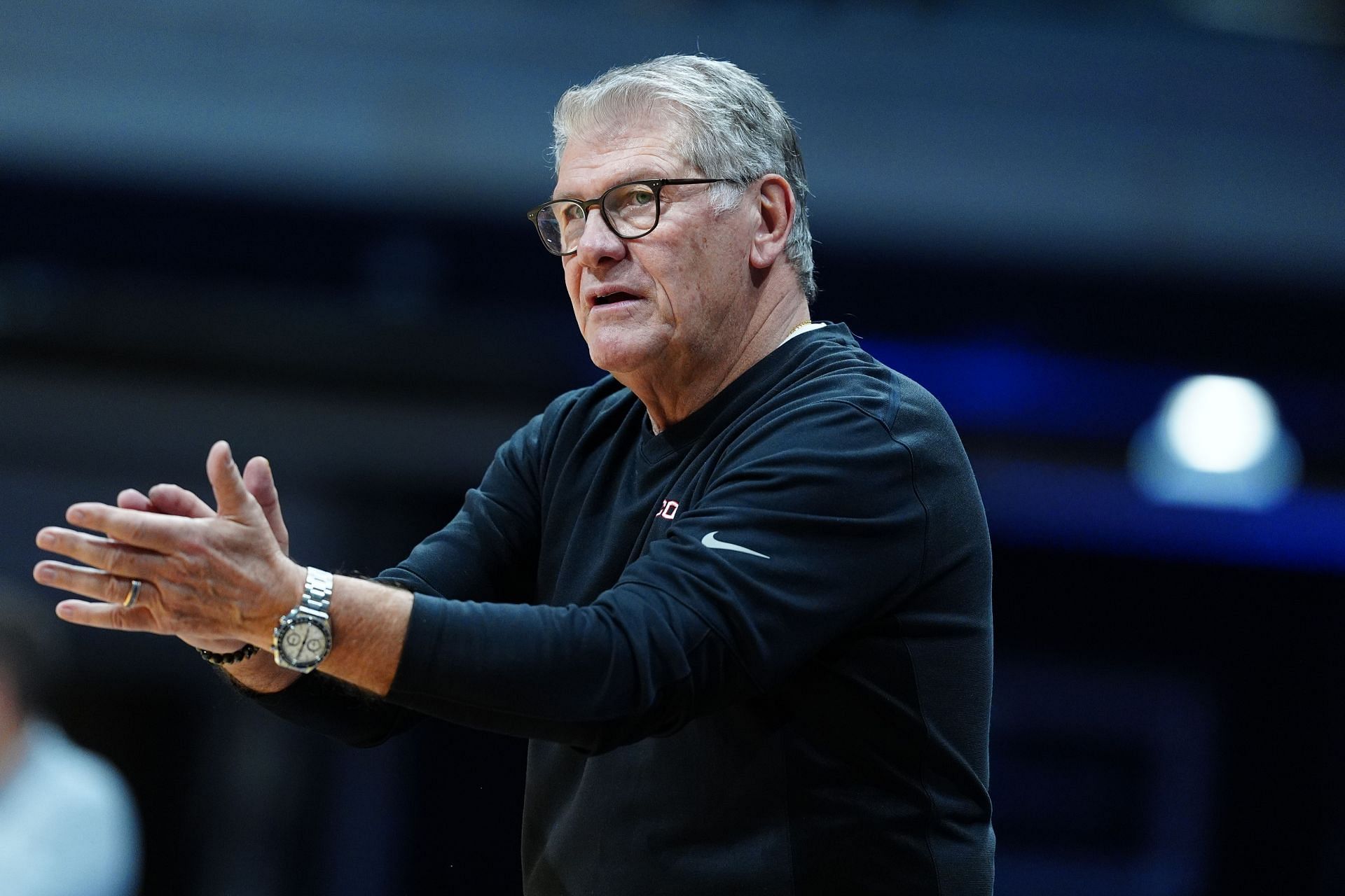 UConn Huskies coach Geno Auriemma coaches on the sidelines against the Butler Bulldogs during their game on February 22, 2025, at Hinkle Fieldhouse in Indianapolis, Indiana. Photo: Getty