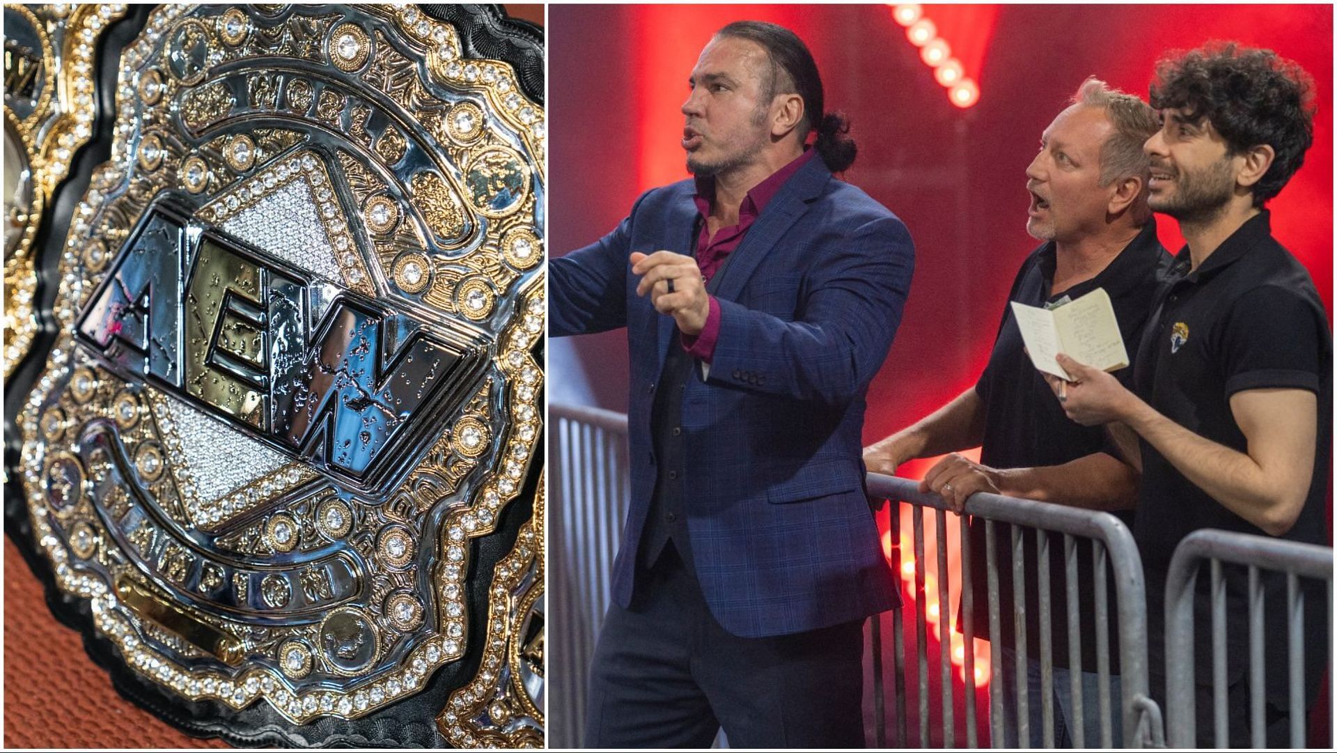 AEW World Championship replica on display, Matt Hardy with Tony Khan and Jerry Lynn at TNA