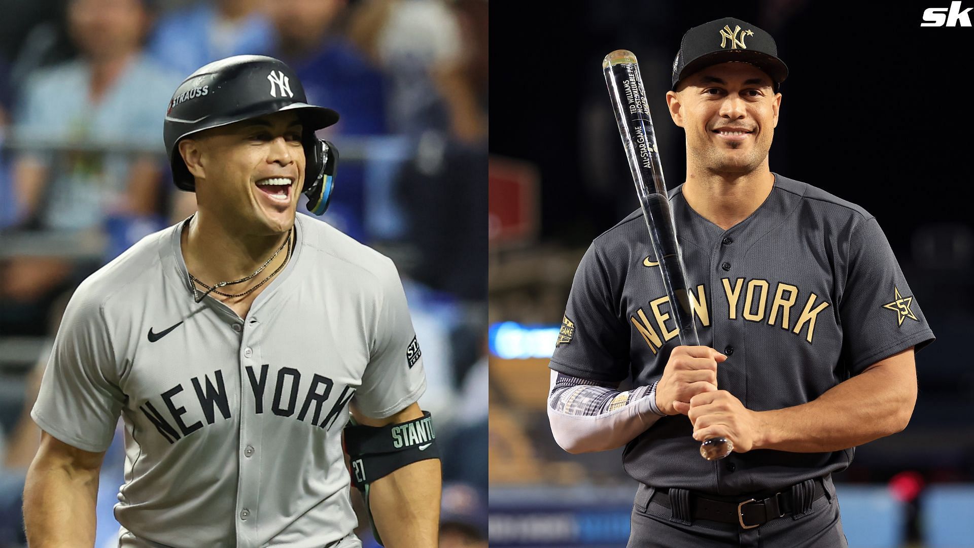 Giancarlo Stanton of the New York Yankees reacts after hitting a three run home run against the Boston Red Sox at Yankee Stadium (Source: Getty)