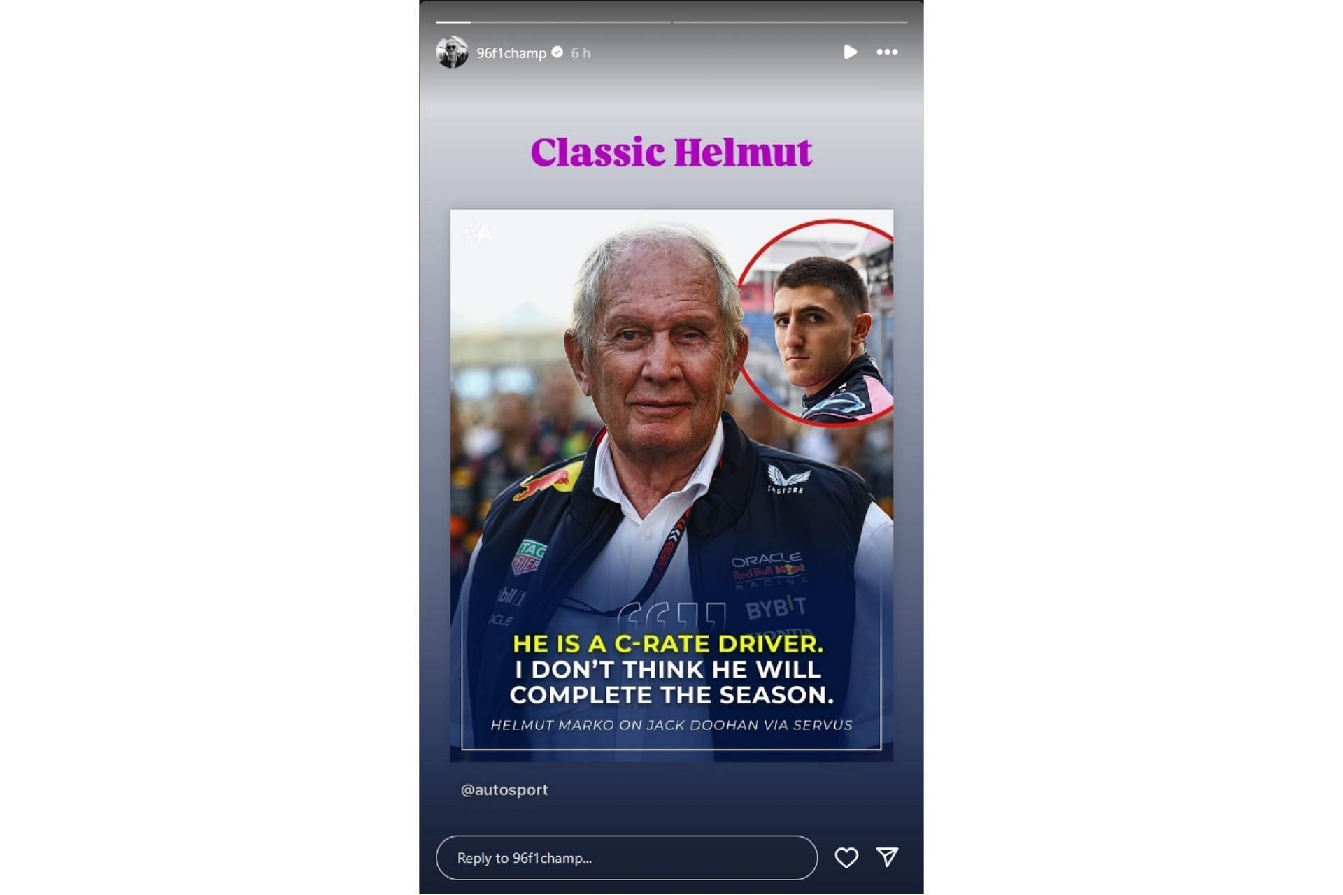 Damon Hill&#039;s reaction on Helmut Marko&#039;s statement regarding Alpine&#039;s rookie driver (@96f1champ on Instagram)