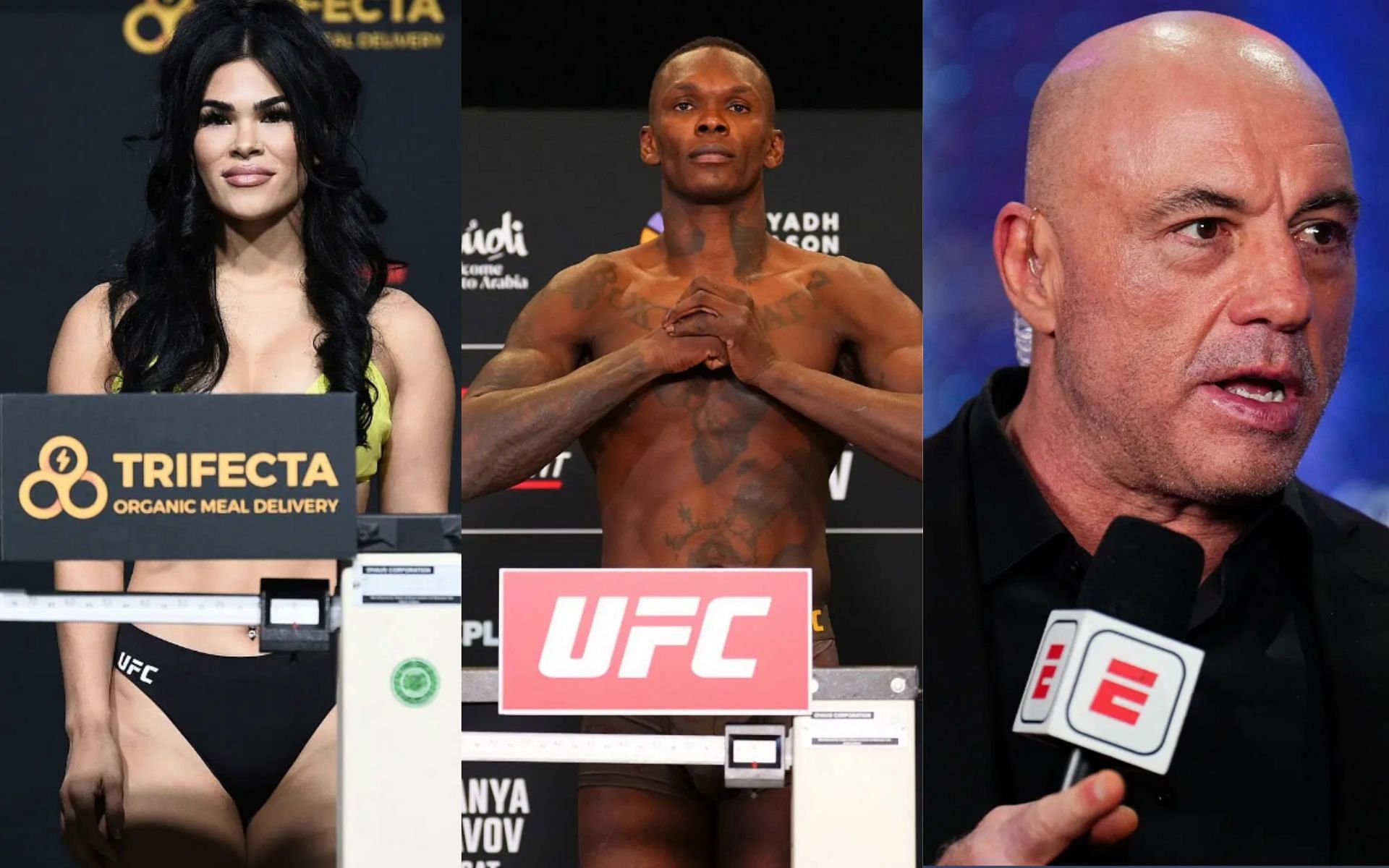 Rachael Ostovich (left) reacts after Israel Adesanya (middle) points out Joe Rogan