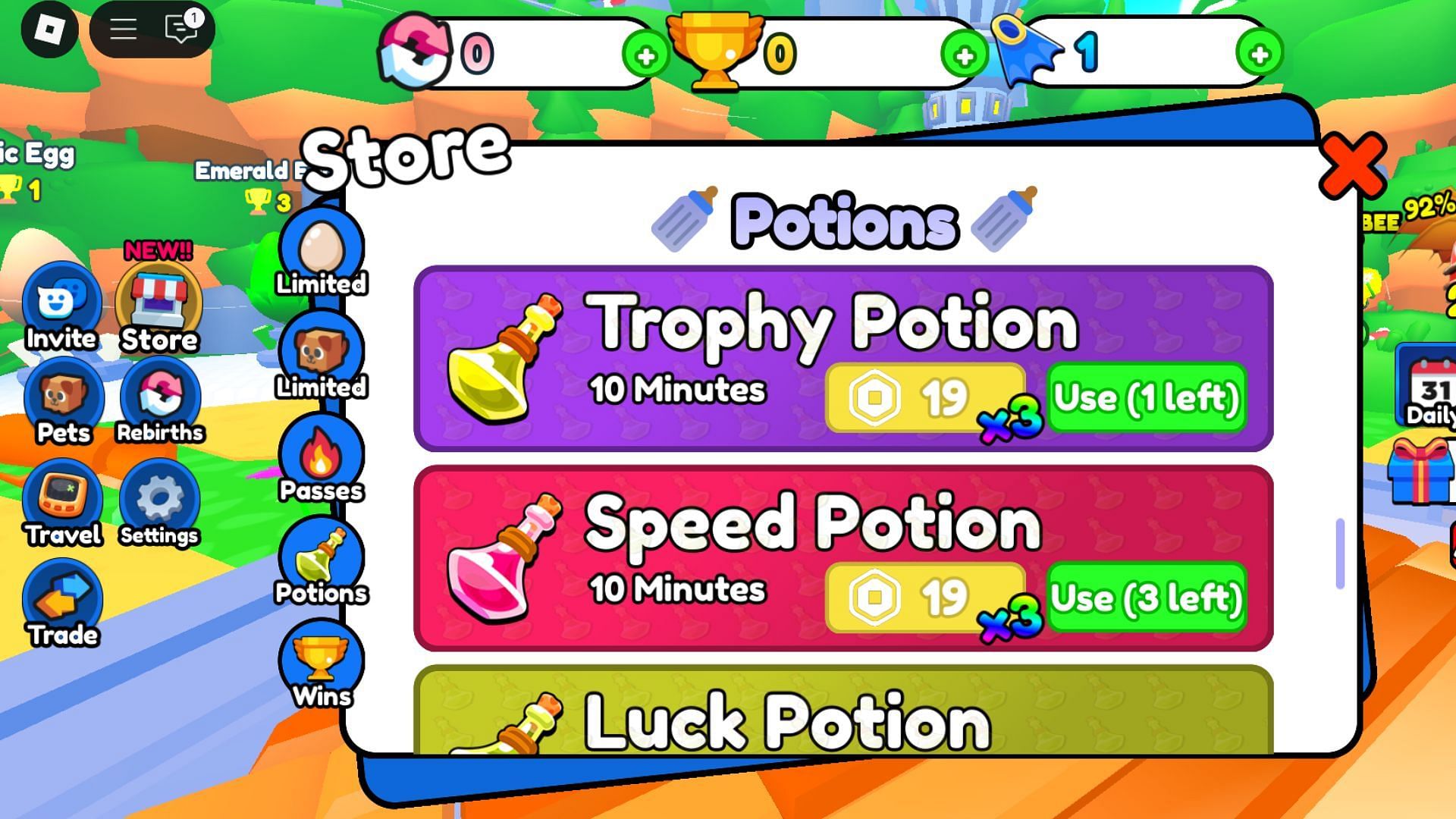 You can check all available Potions in the Store menu (Image via Roblox)