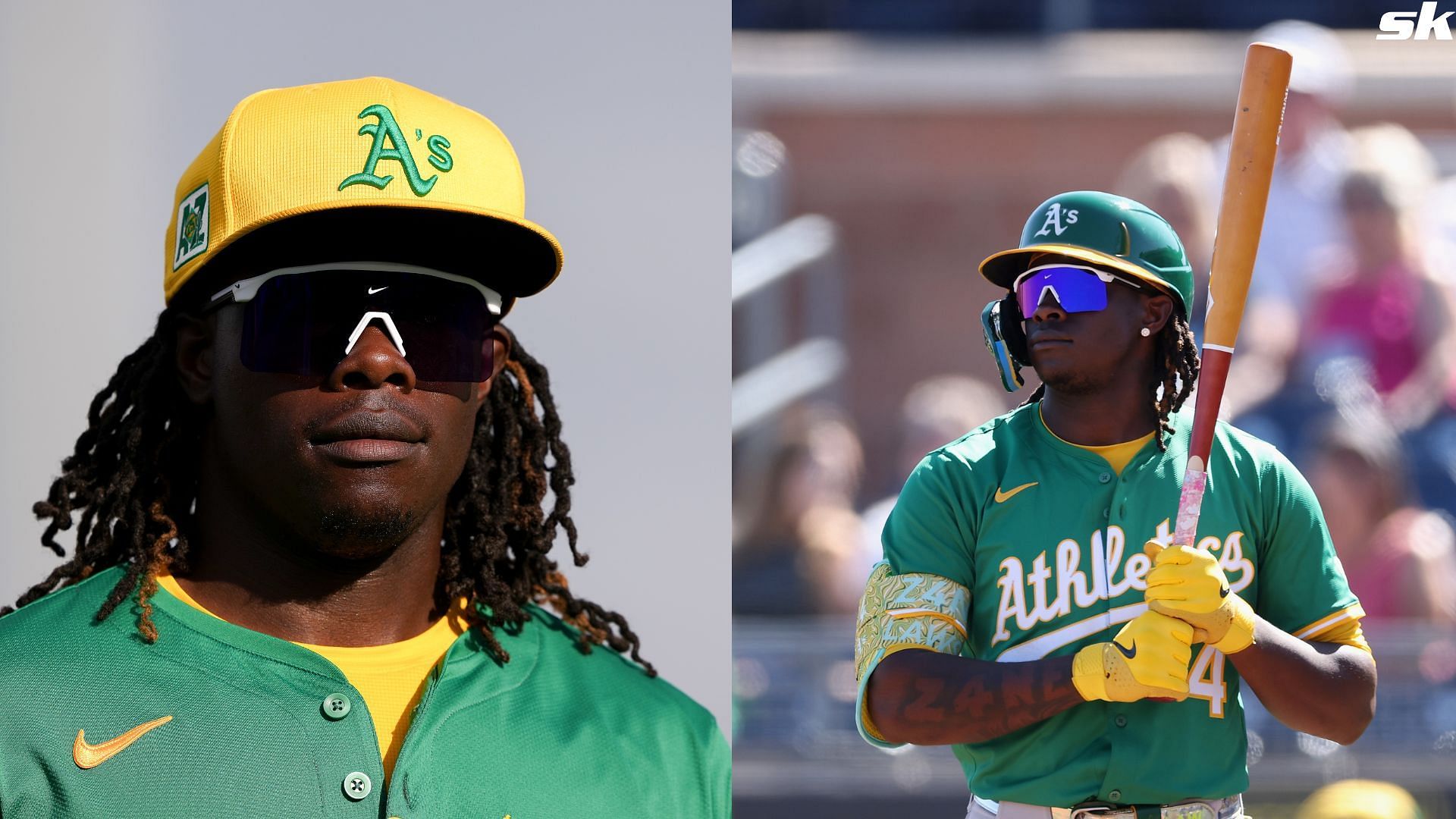 Lawrence Butler of the Athletics walks across the field against the San Francisco Giants during a spring training game at Scottsdale Stadium (Source: Getty)