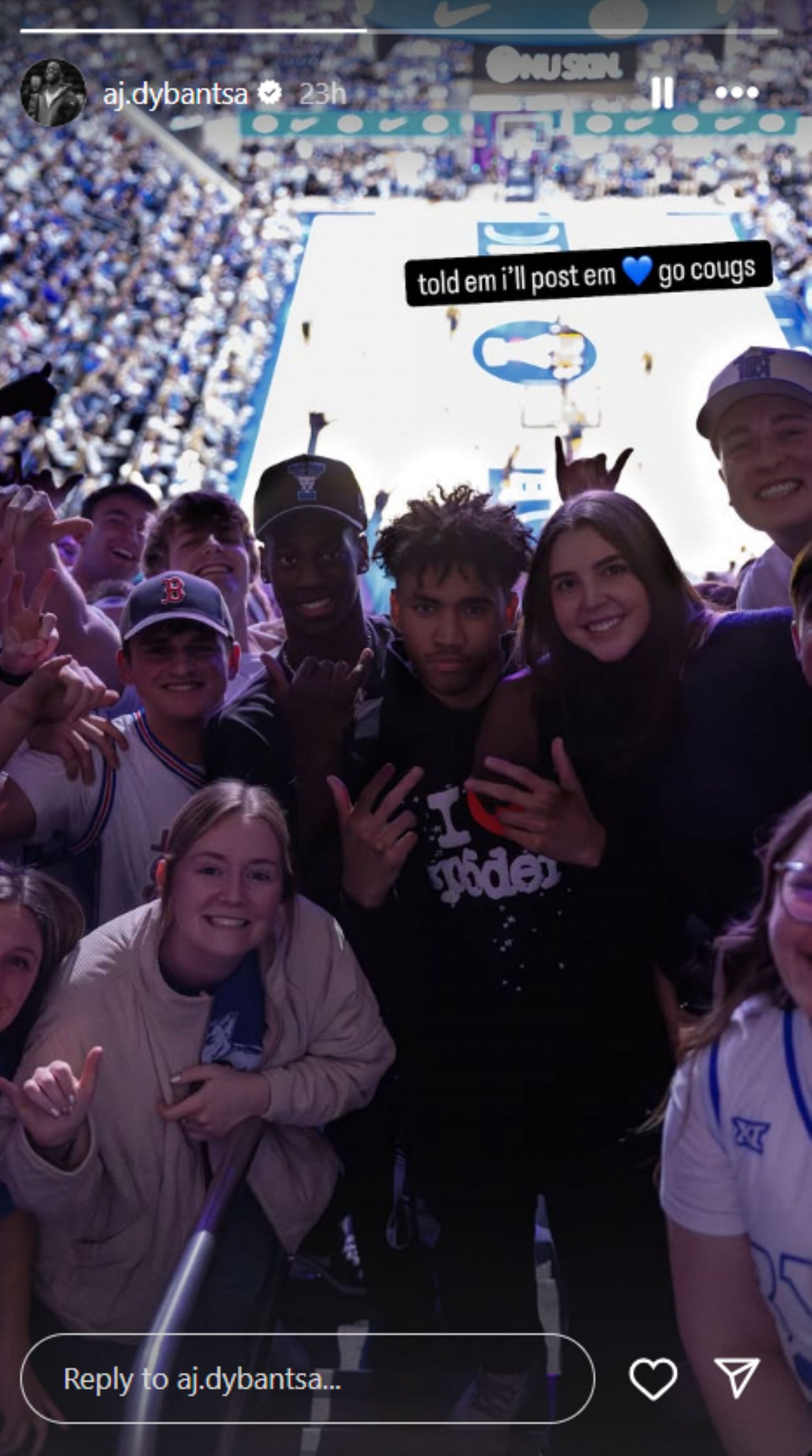 PHOTO: No. 1 prospect AJ Dybantsa shares a moment with BYU fans at Marriott Center (Image: IG/aj.dybantsa)