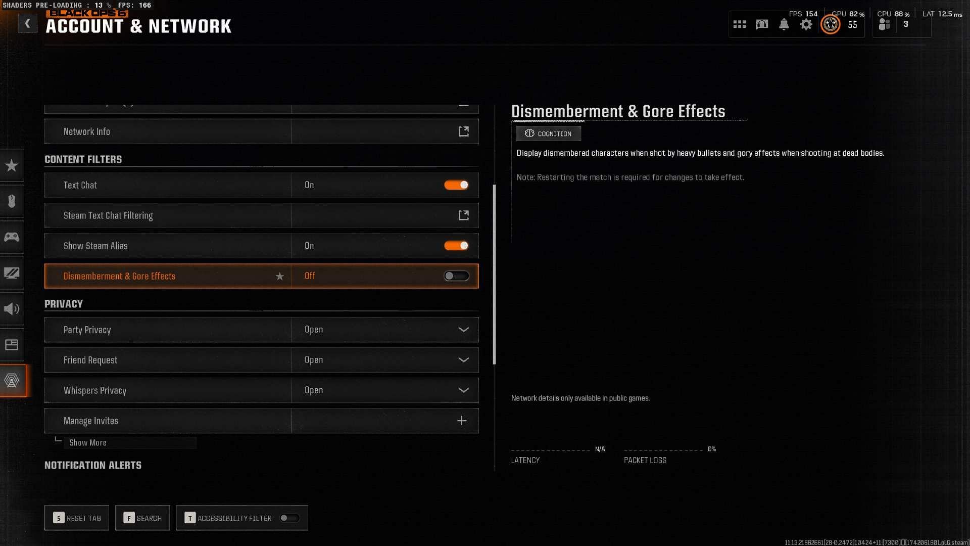 A still of in-game settings to turn off blood-shattering (Image via Activision)