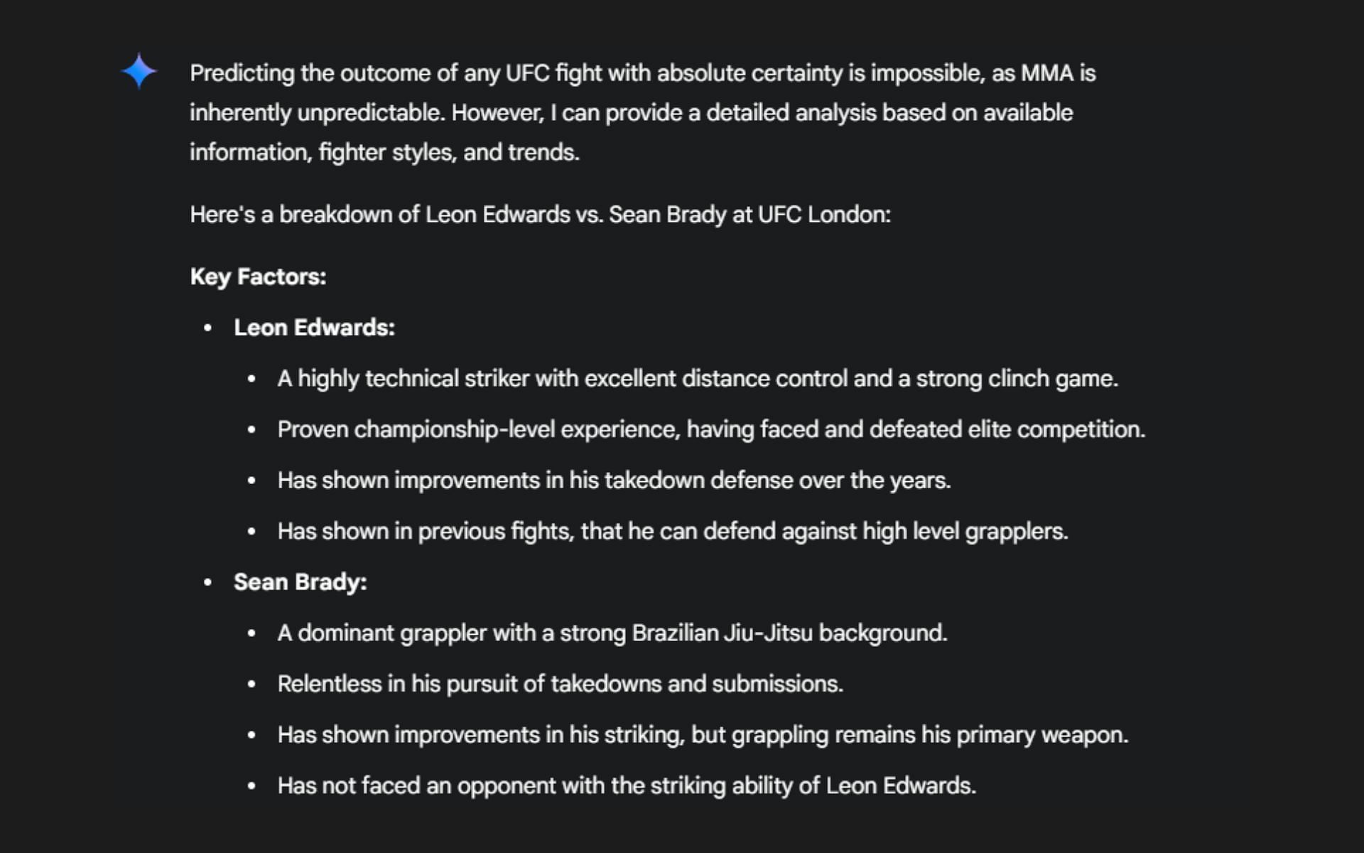 Screenshot of Google&#039;s AI prediction for the UFC London headliner -- Leon Edwards vs. Sean Brady