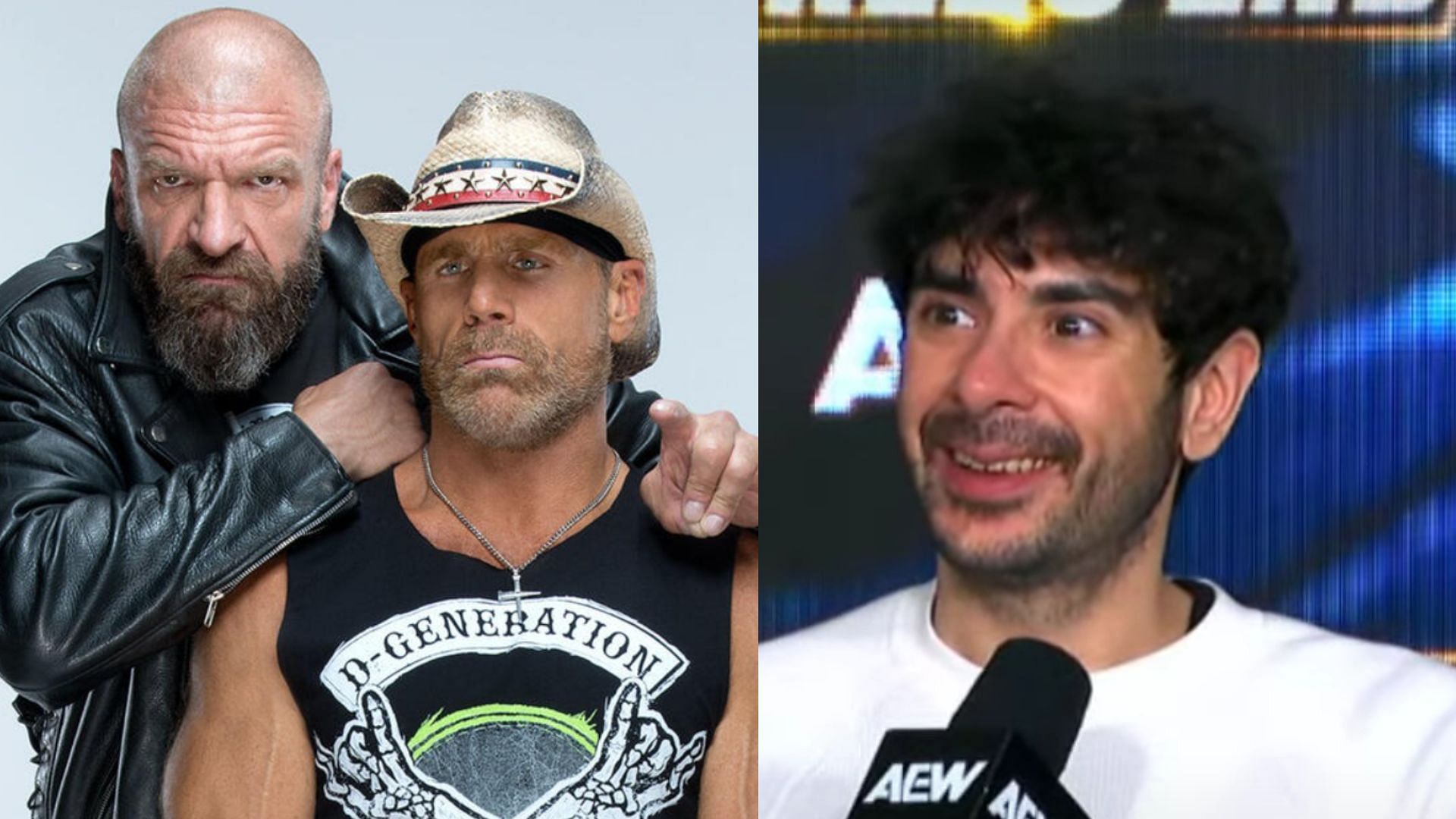 Triple H &amp; Shawn Michaels (Left) and Tony Khan (Right) (Image via WWE.com and AEW YouTube) 