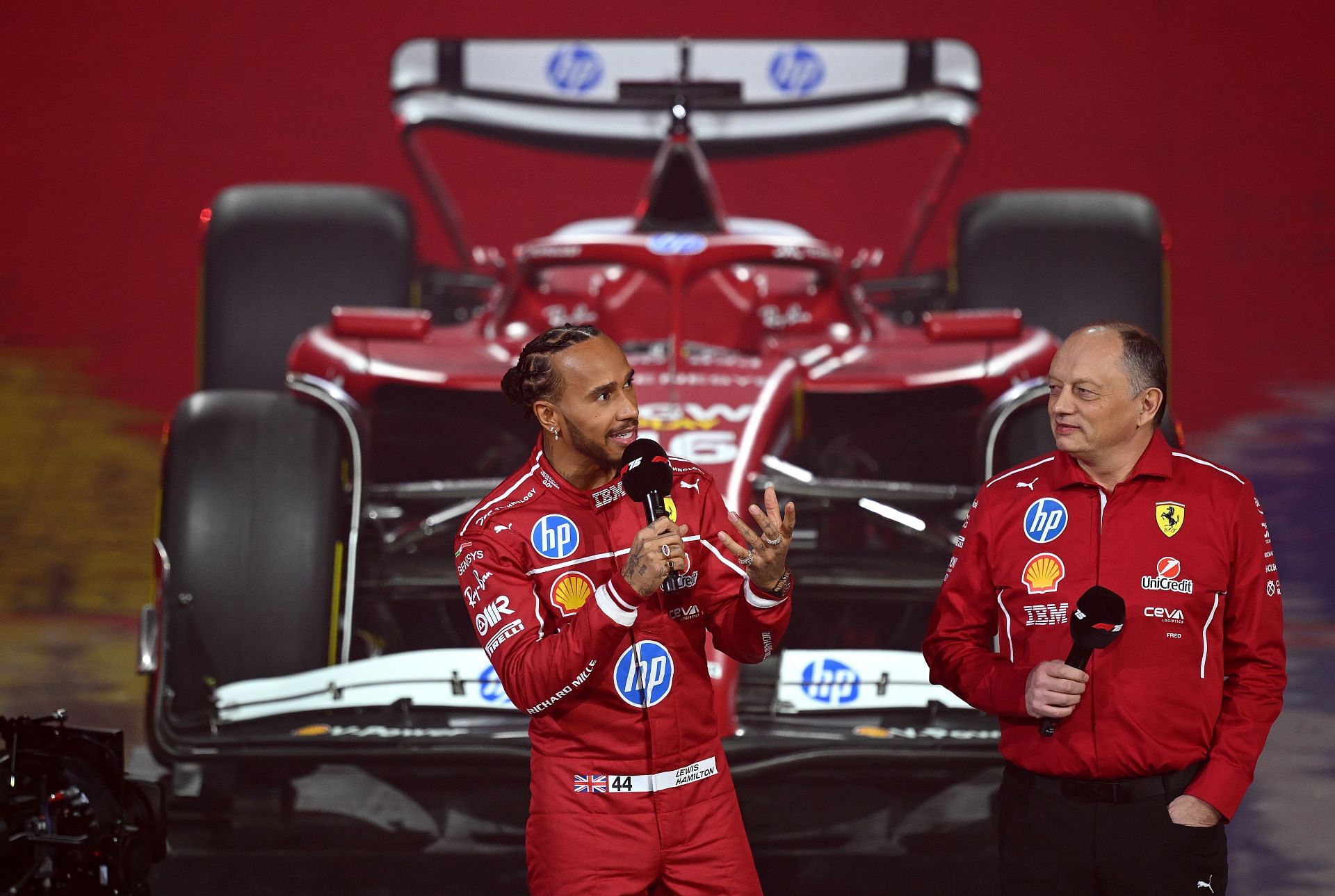 Lewis Hamilton [L] with Ferrari team principal Fred Vasseur [R] [Image Source: Getty]