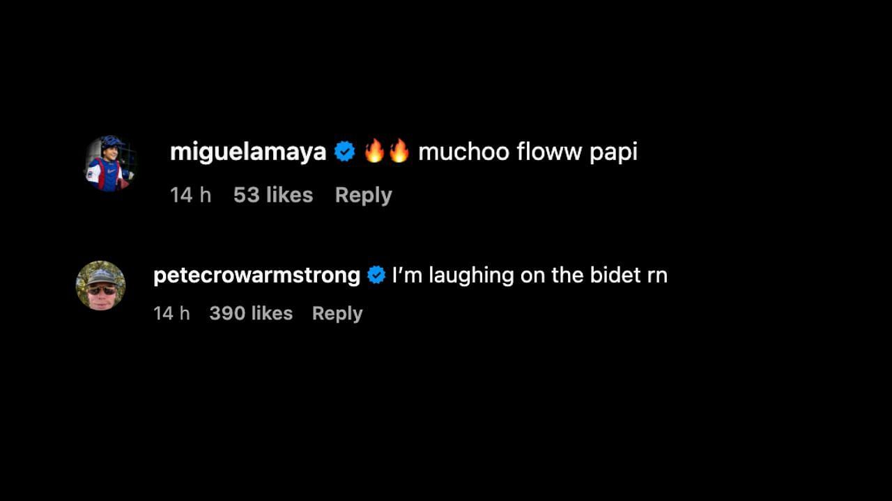 Screenshot of Miguel Amaya and Pete Crow-Armstrong&#039;s comments on Justin Turner&#039;s Instagram post (Image from - Instagram.com/@redturn2)