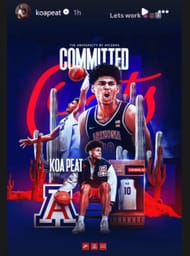 Koa Peat reacts to post announcing his commitment to Arizona (Source: Instagram/ koapeat)