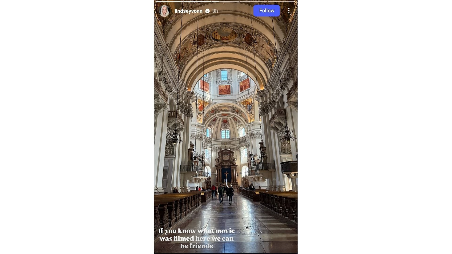 Screenshot of Vonn&#039;s story featuring glimpses of the church - Source: via @lindseyvonn on Instagram