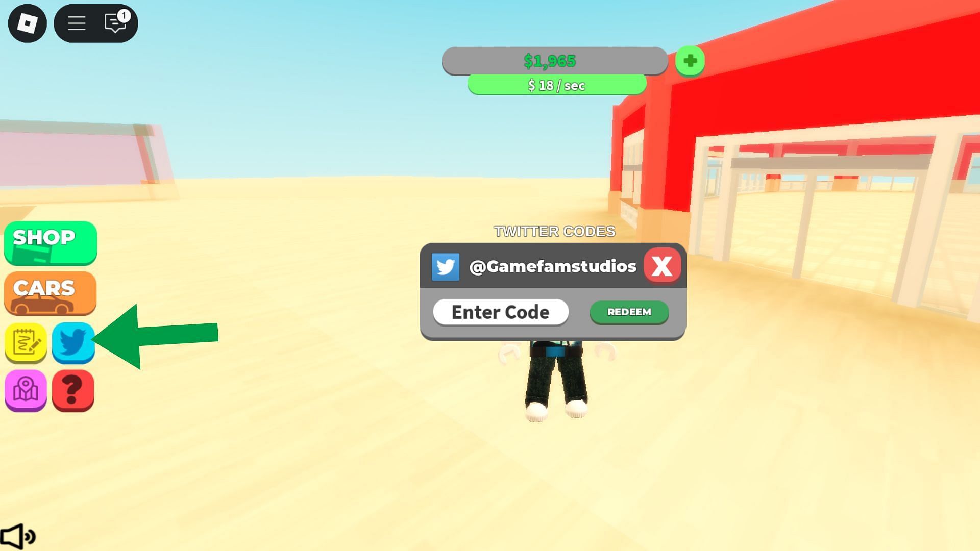 Click the bird icon to open the code box on the screen (Image via Roblox)