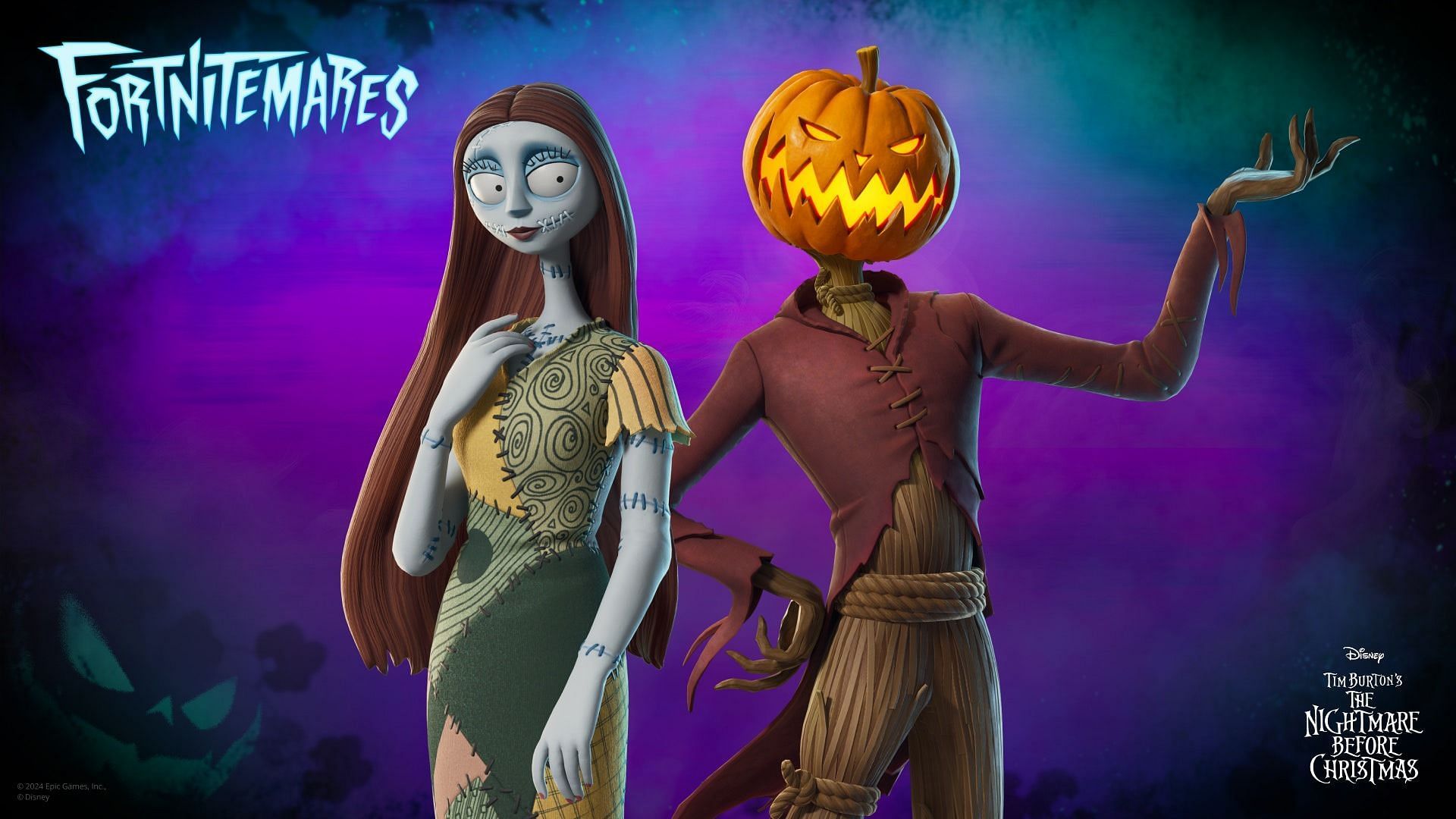 The Pumpkin King and Sally (Nightmare Before Christmas) skins are now in Fortnite (Image via Epic Games)