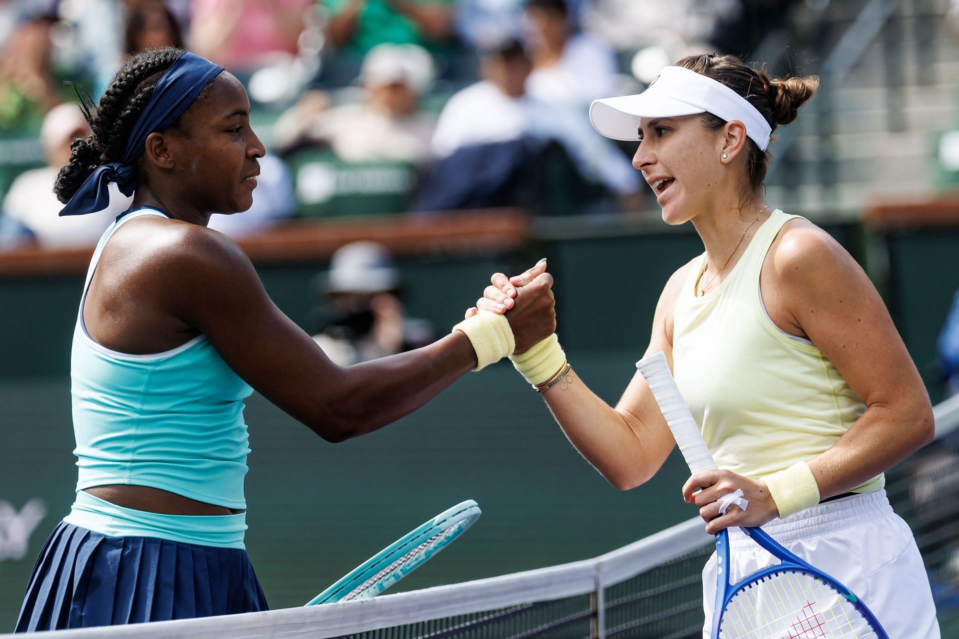 Coco Gauff and Bencic acknowledge each other in the BNP Paribas Open - Source: Getty