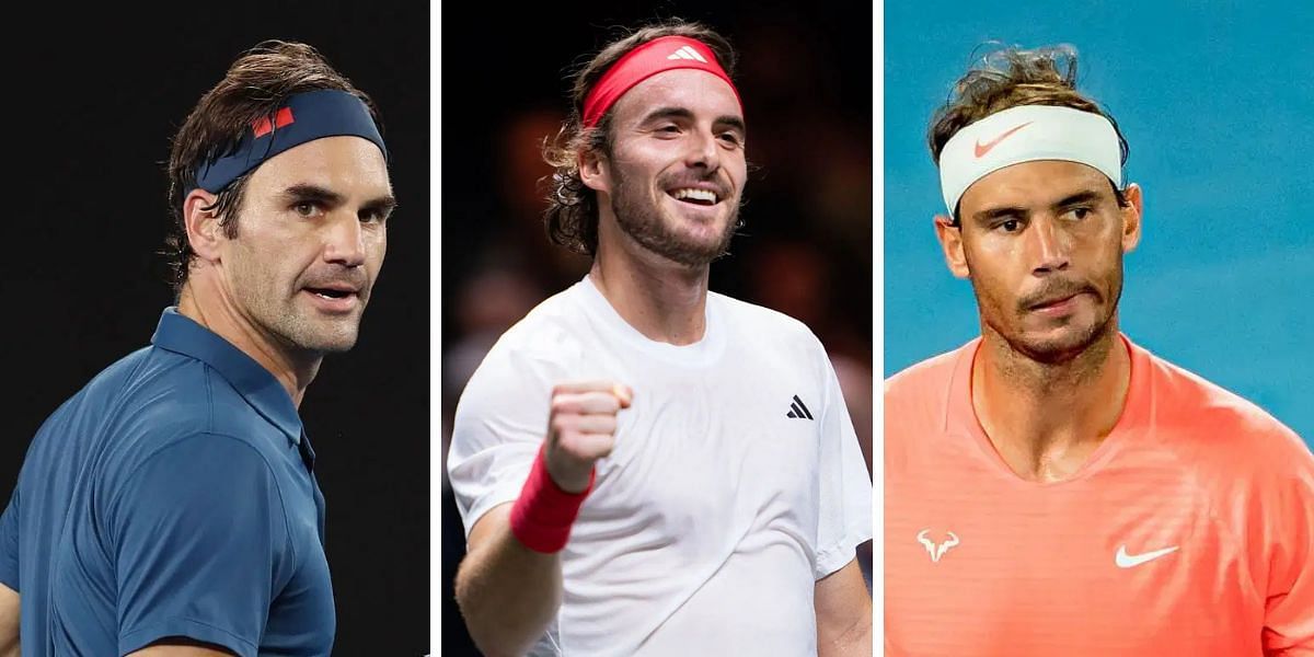 Roger Federer (left), Stefanos Tsitsipas (center), Rafael Nadal (right), Sources: Getty