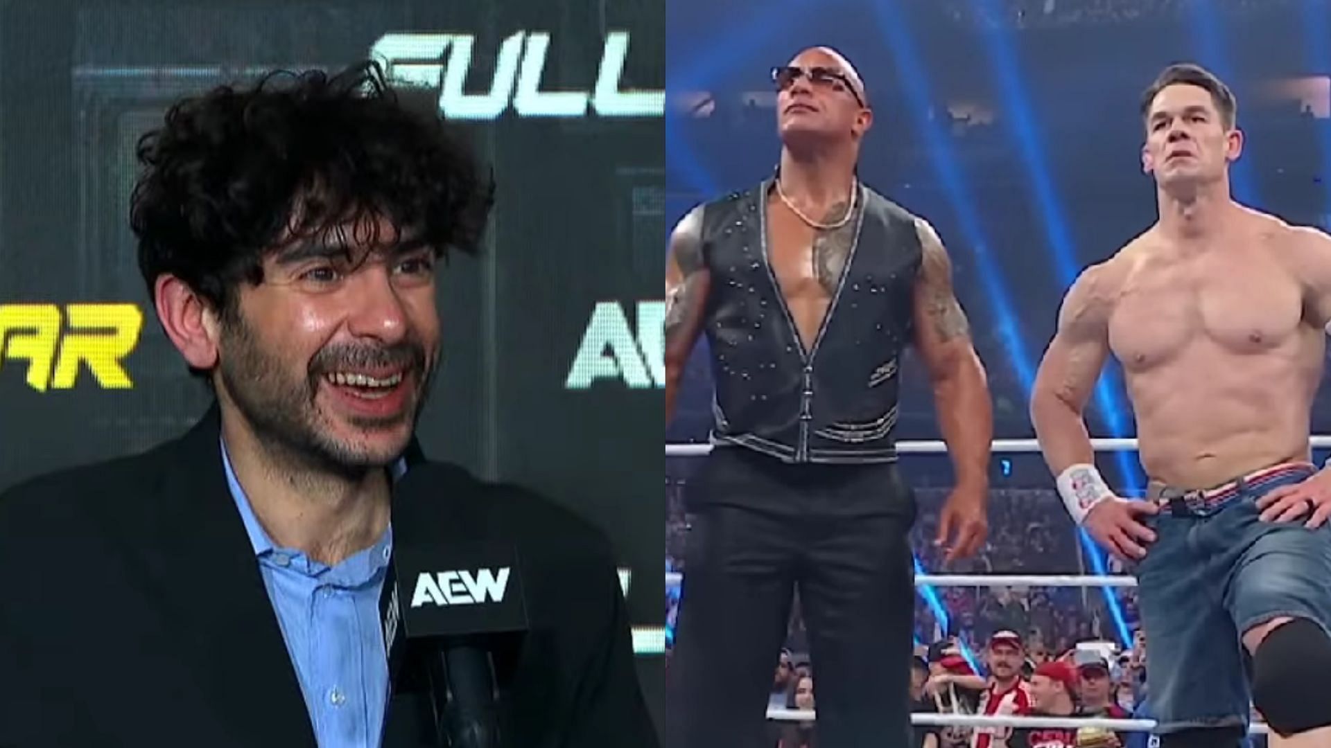 Tony Khan (Left) and Rock and Cena (Right) (Image via AEW YouTube and WWE Instagram) 