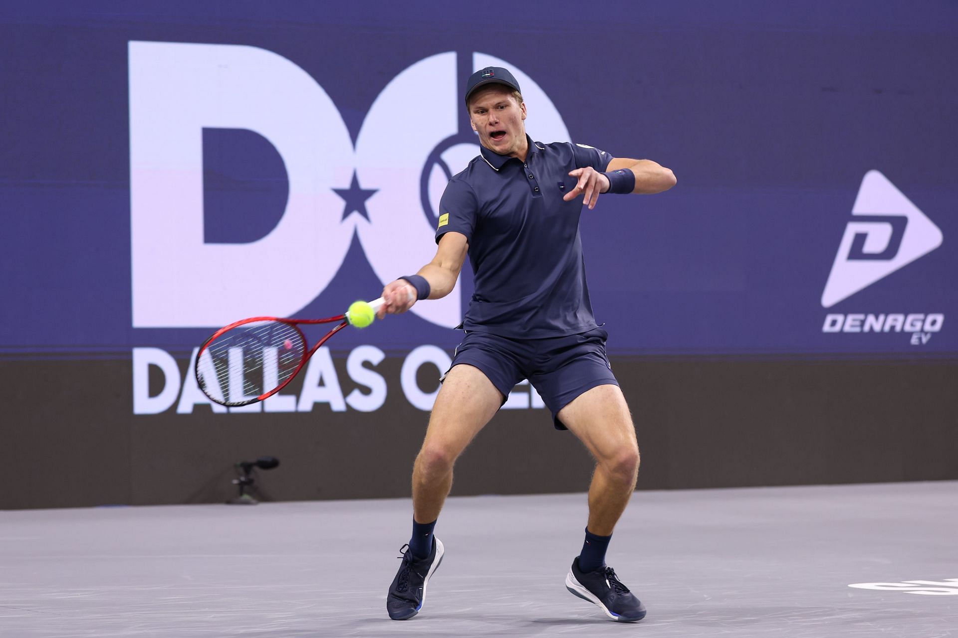 Jenson Brooksby of the United States plays a shot against Tommy Paul of the United States during their Men&#039;s Singles Round of 32 match on day two of the 2025 Dallas Open - Source: Getty