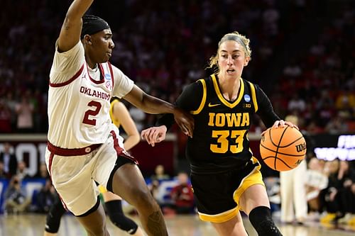 Lucy Olsen (#33) of the Iowa Hawkeyes handles the ball against the Oklahoma Sooners during the Second Round of the 2025 NCAA Women's Basketball Tournament held at Lloyd Noble Center on March 24, 2025 in Norman, Oklahoma. Photo: Getty