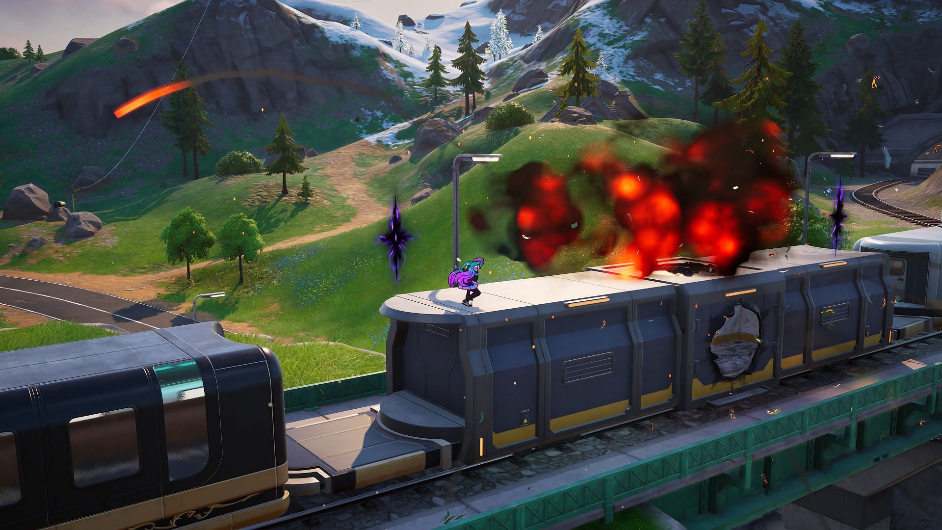 Blow up the vault car to hijack the Armored Train in Fortnite Chapter 6 Season 2 (Image via Sportskeeda Gaming/Epic Games)