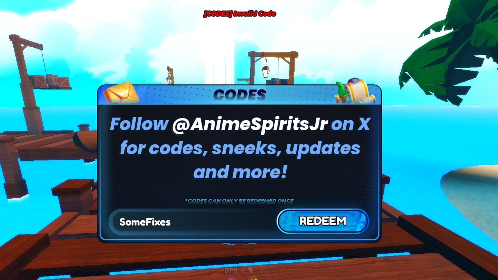 &quot;Invalid Code&quot; issue in Anime Spirits Journey (Image via Roblox)