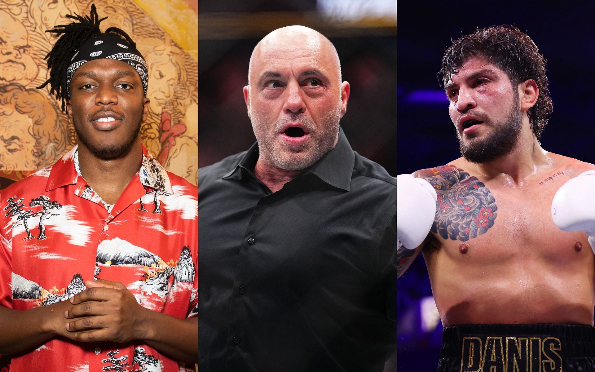 Dillon Danis (right) slams Joe Rogan (middle) for KSI (left) praise. [Image courtesy: Getty Images]