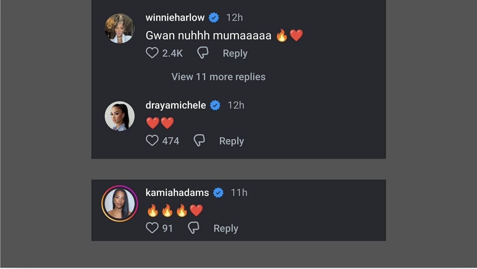 Winnie Harlow, Draya Michele and Kamiah Adams react to the photos (Image via Instagram/@TeyanaTaylor)