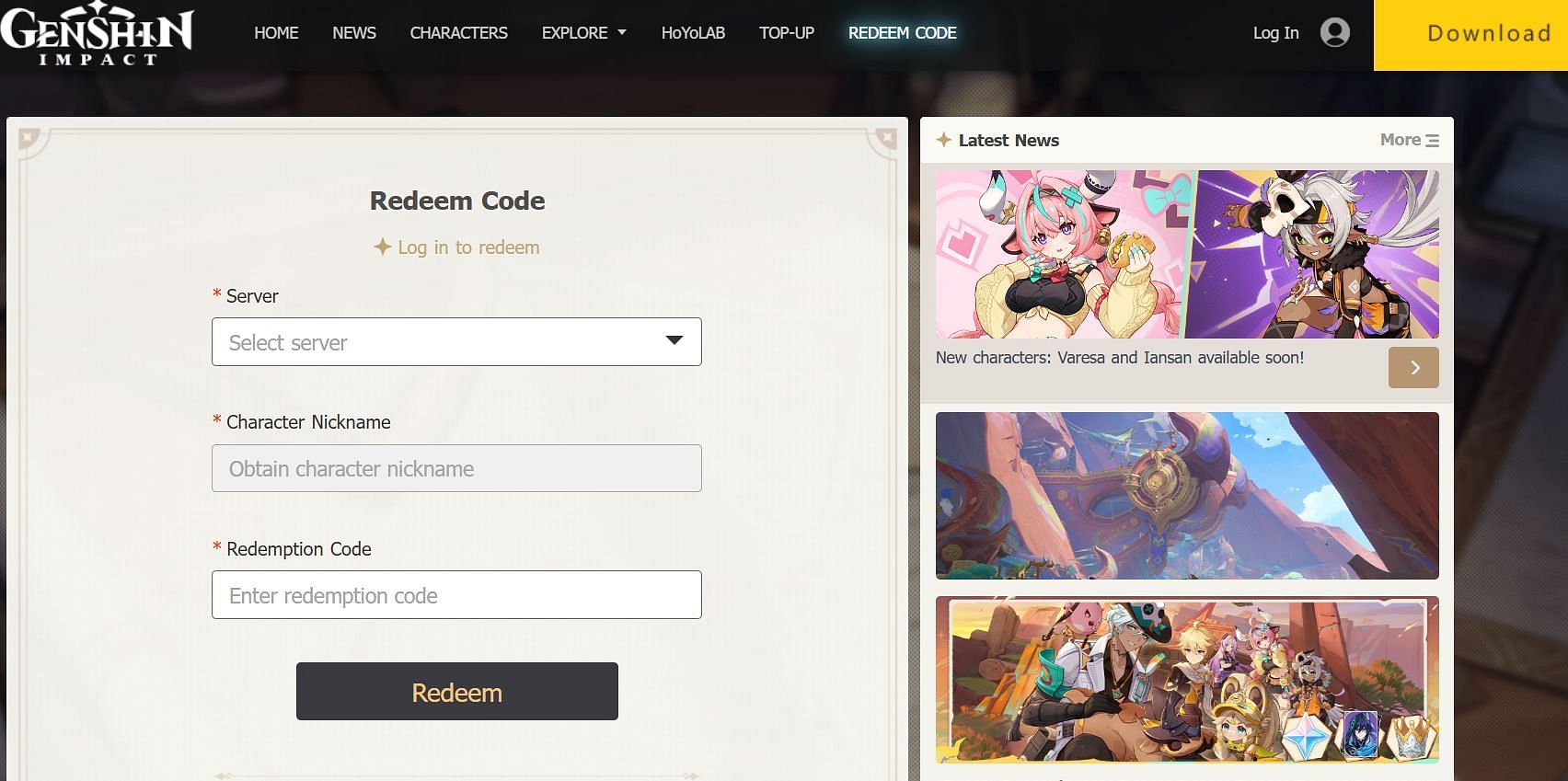 Redeem codes on the website (Image via HoYoverse)