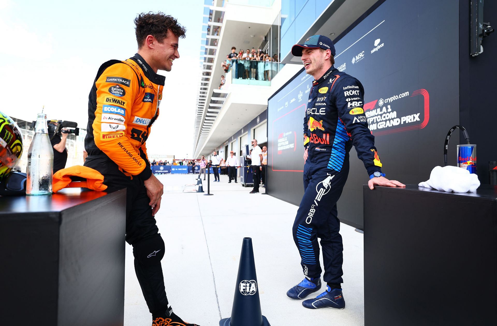 Lando Norris [L] with Max Verstappen [R] at 2024 F1 Grand Prix of Miami - Source: Getty