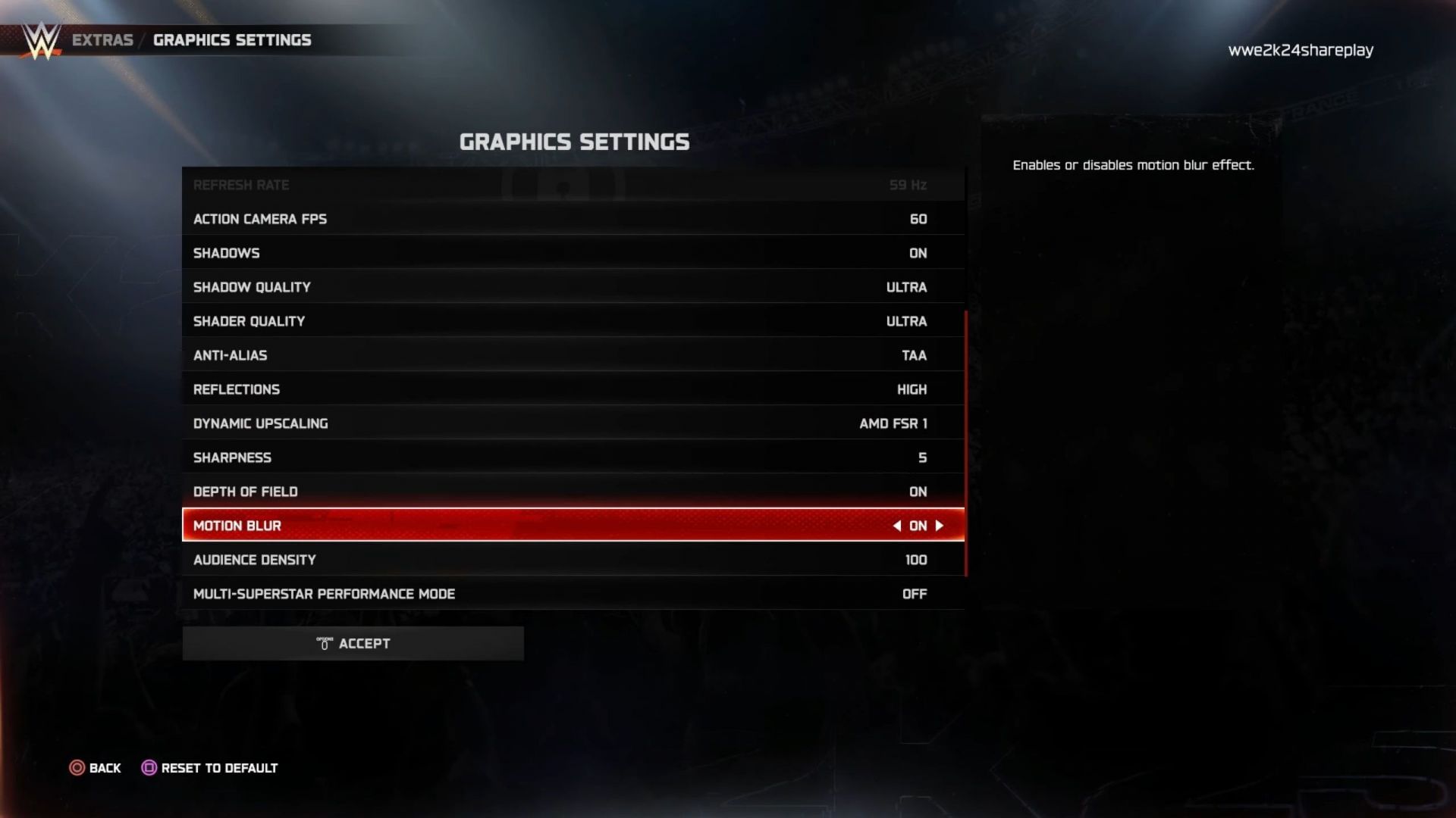 WWE 2K25 graphics settings page (Image via 2K Games)