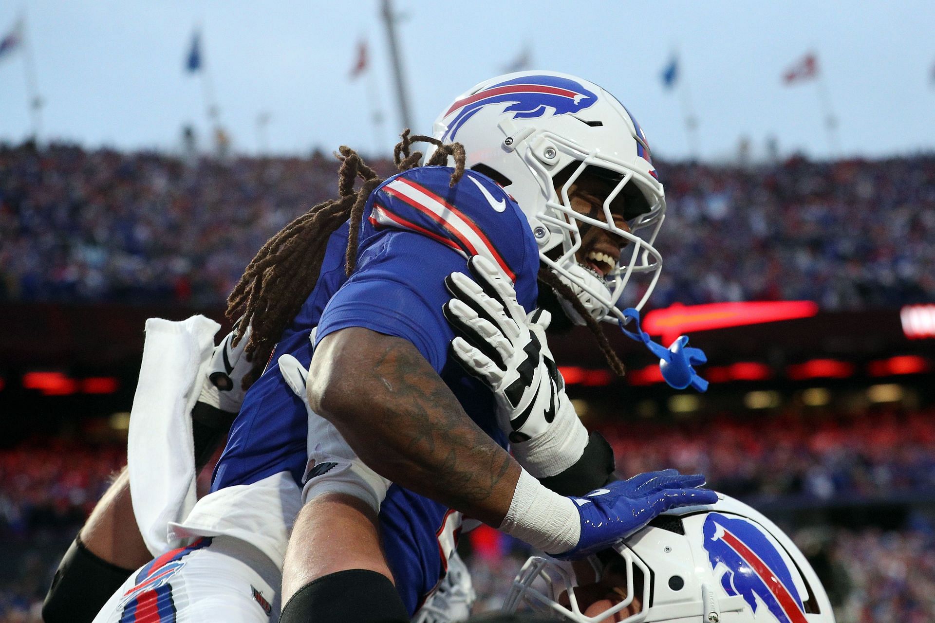 ORCHARD PARK, NEW YORK - NOVEMBER 17: James Cook #4 of the Buffalo Bills celebrates a rushing touchdown during the first quarter against the Kansas City Chiefs at Highmark Stadium on November 17, 2024 in Orchard Park, New York. (Photo by Bryan M. Bennett/Getty Images) - Source: Getty