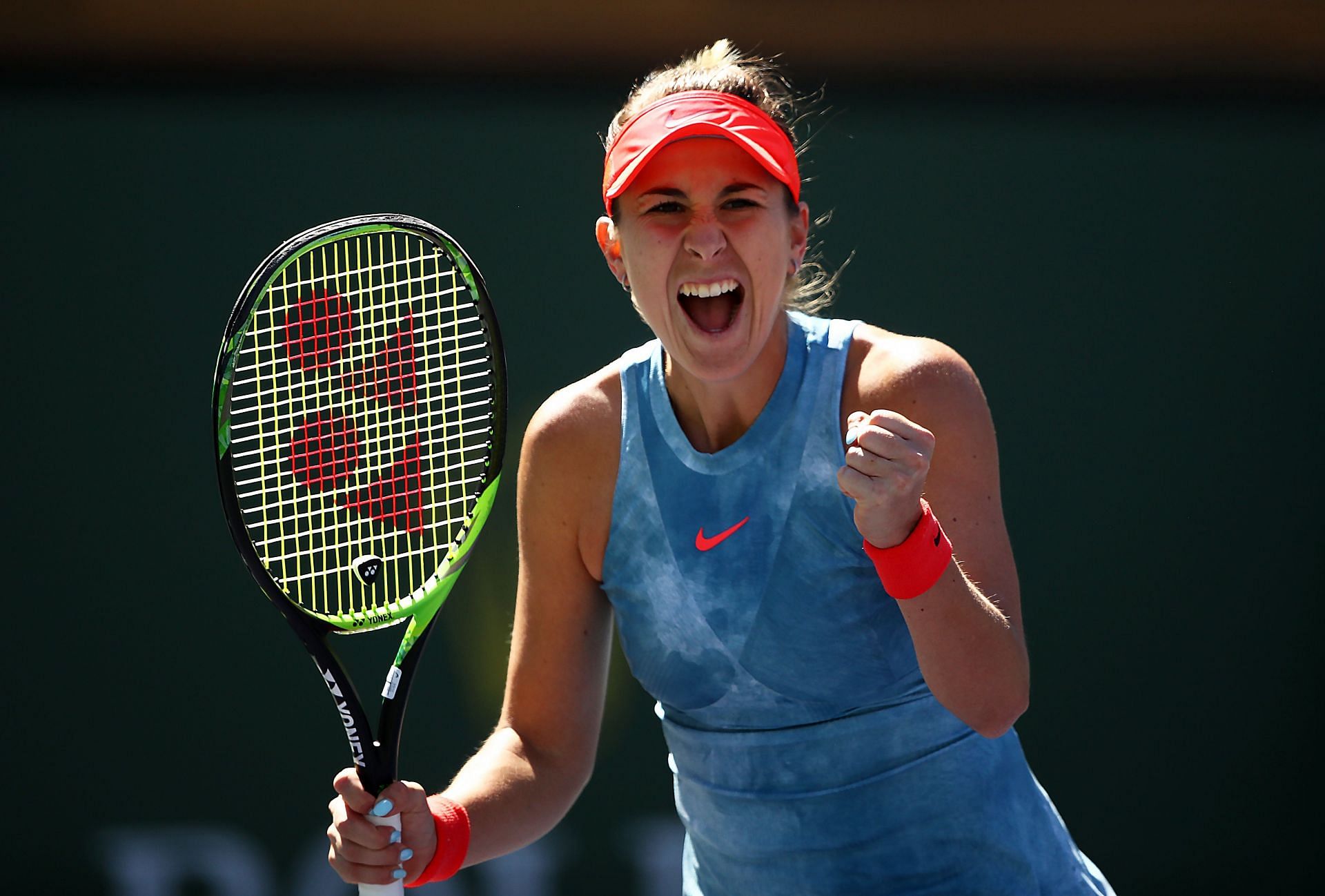 Belinda Bencic of Switzerland celebrates a point against Karolina Pliskova of the Czech Republic during their women&#039;s singles quarterfinal match on day eleven of the BNP Paribas Open at the Indian Wells Tennis Garden on March 14, 2019 - Source: Getty