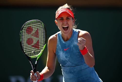 Belinda Bencic of Switzerland celebrates a point against Karolina Pliskova of the Czech Republic during their women's singles quarterfinal match on day eleven of the BNP Paribas Open at the Indian Wells Tennis Garden on March 14, 2019 - Source: Getty