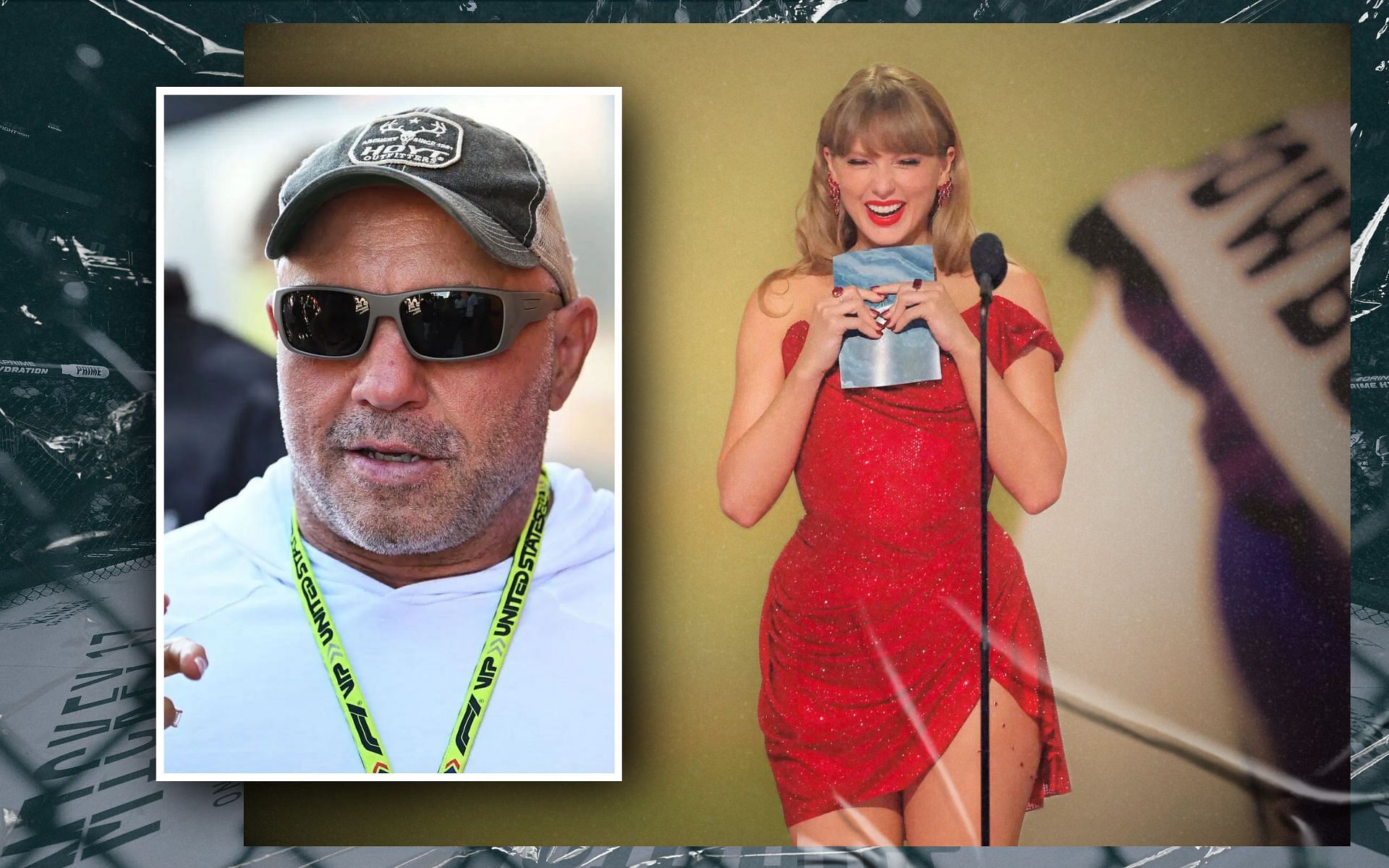 When Joe Rogan (inset) had some controversial remarks on Taylor Swift (right). [Images courtesy: Getty Images]