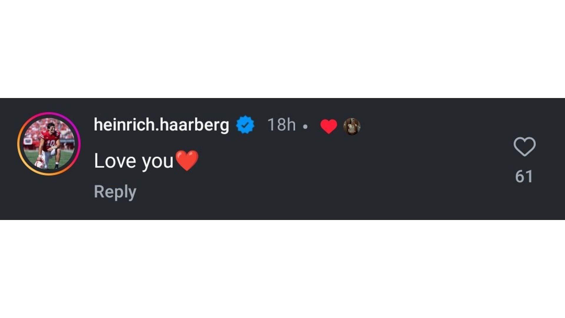 Heinrich Haarberg&#039;s comment on Murray&#039;s post (Image via: Murray&#039;s Instagram)