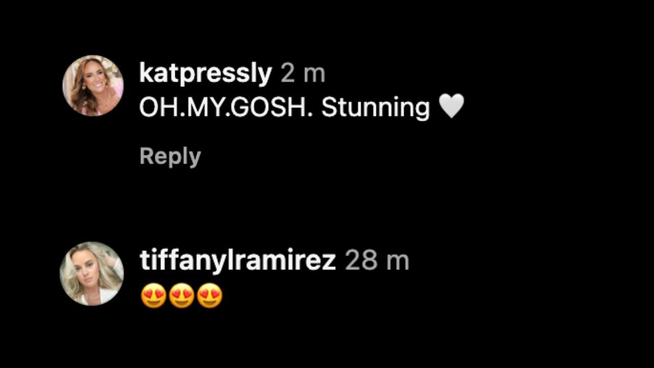 Screenshot of Kat Pressly and Tiffany Ramirez&#039;s comments on Reagan Elizabeth&#039;s Instagram post (Images from - Instagram.com/@reaganelizabeth)