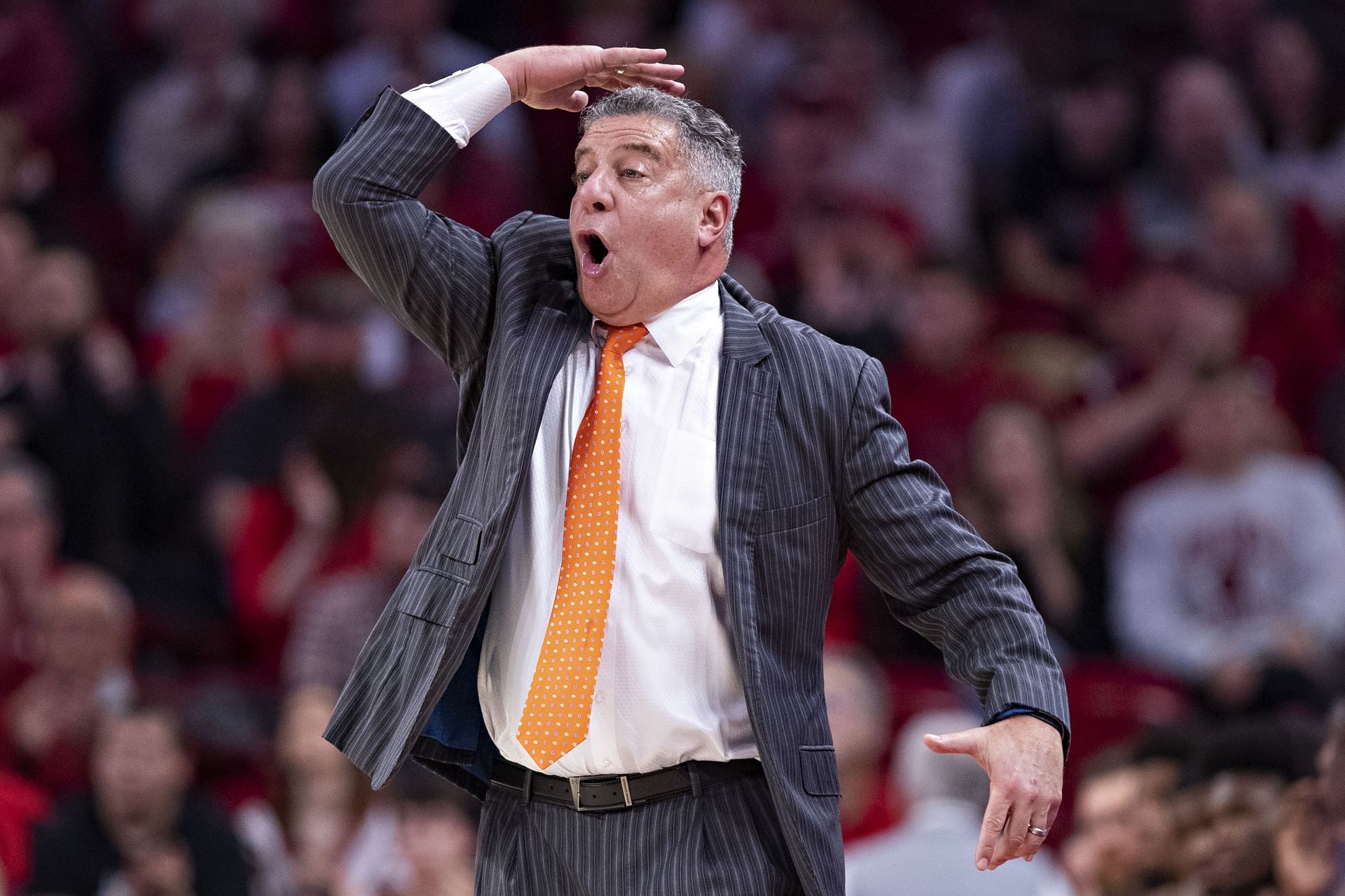 FAYETTEVILLE, AR - FEBRUARY 4:  Head Coach Bruce Pearl of the Auburn Tigers yells to his team in the first half of a game against the Arkansas Razorbacks at Bud Walton Arena on February 4, 2020 in Fayetteville, Arkansas.  (Photo by Wesley Hitt/Getty Images) - Source: Getty