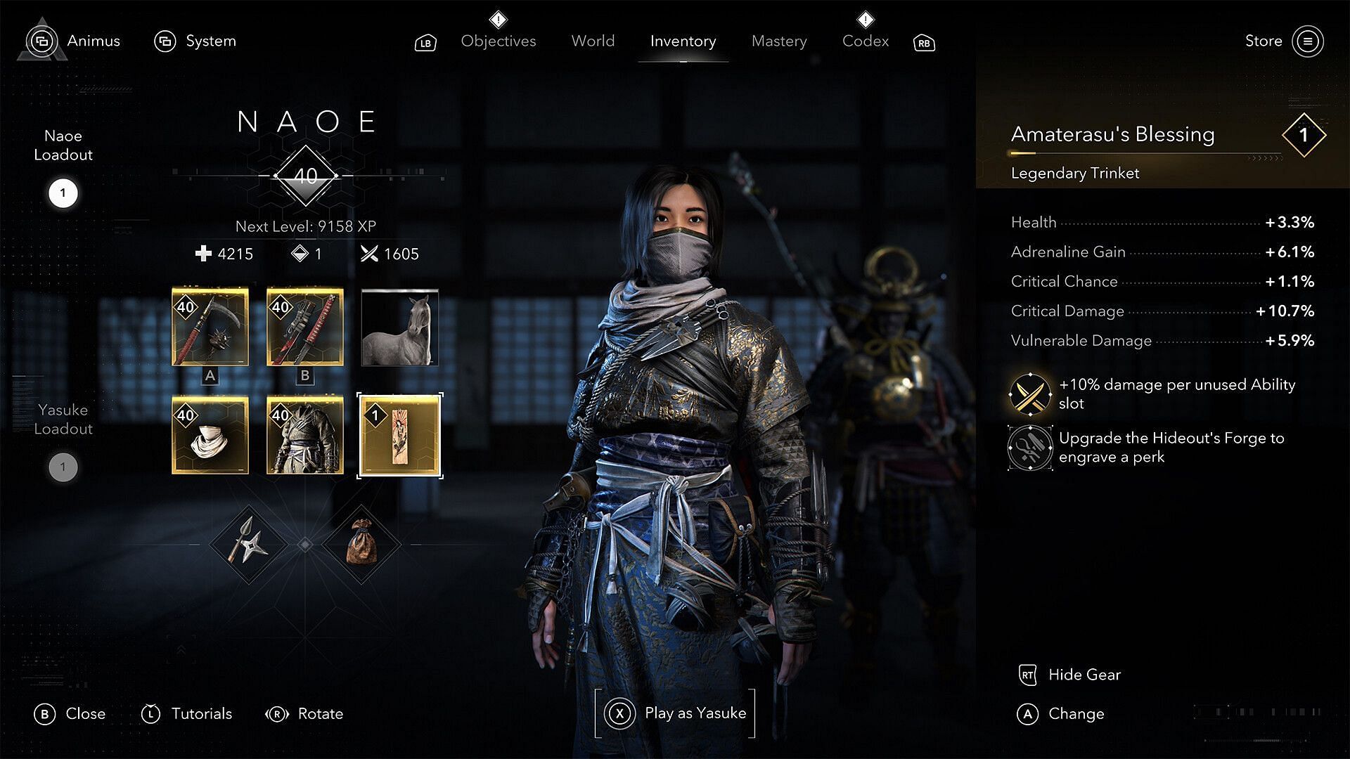 Naoe inventory in AC Shadows (Image via Ubisoft)