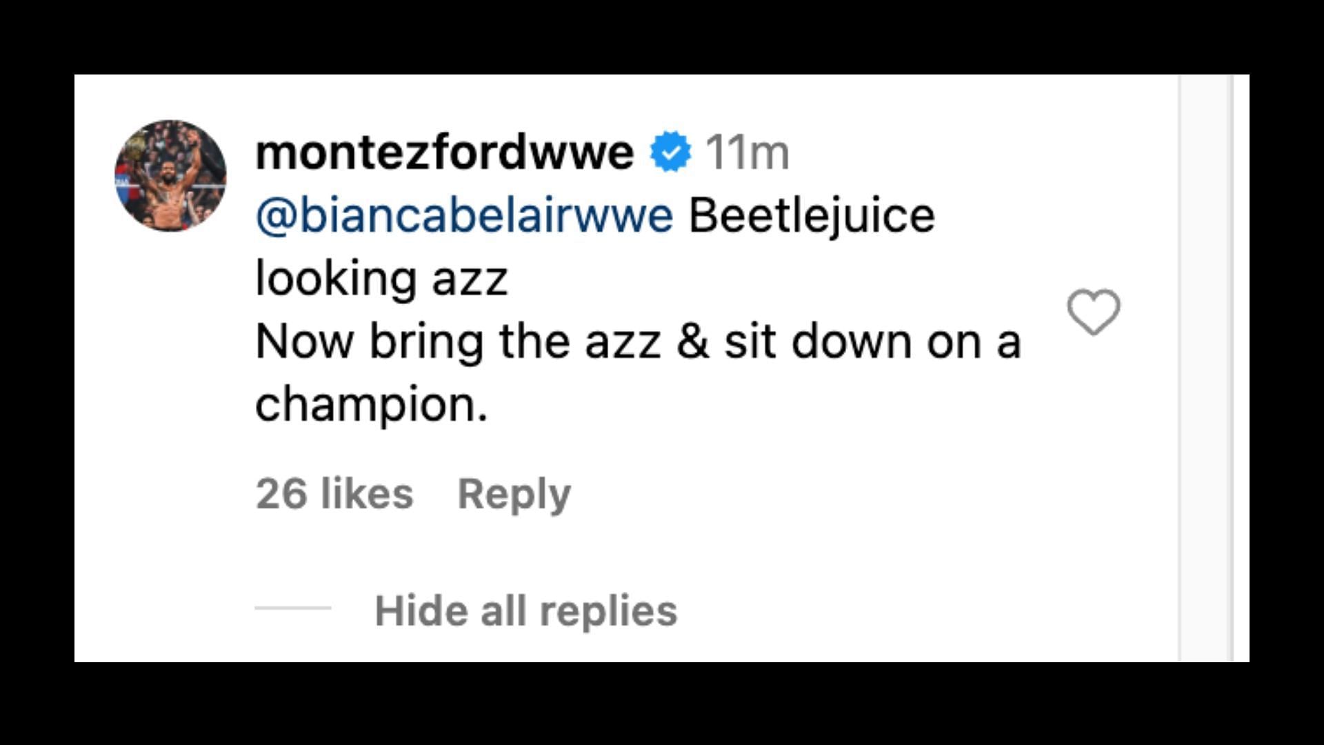 Ford sends a hilarious message to Belair on social media. [Image credit: Bianca Belair on Instagram]