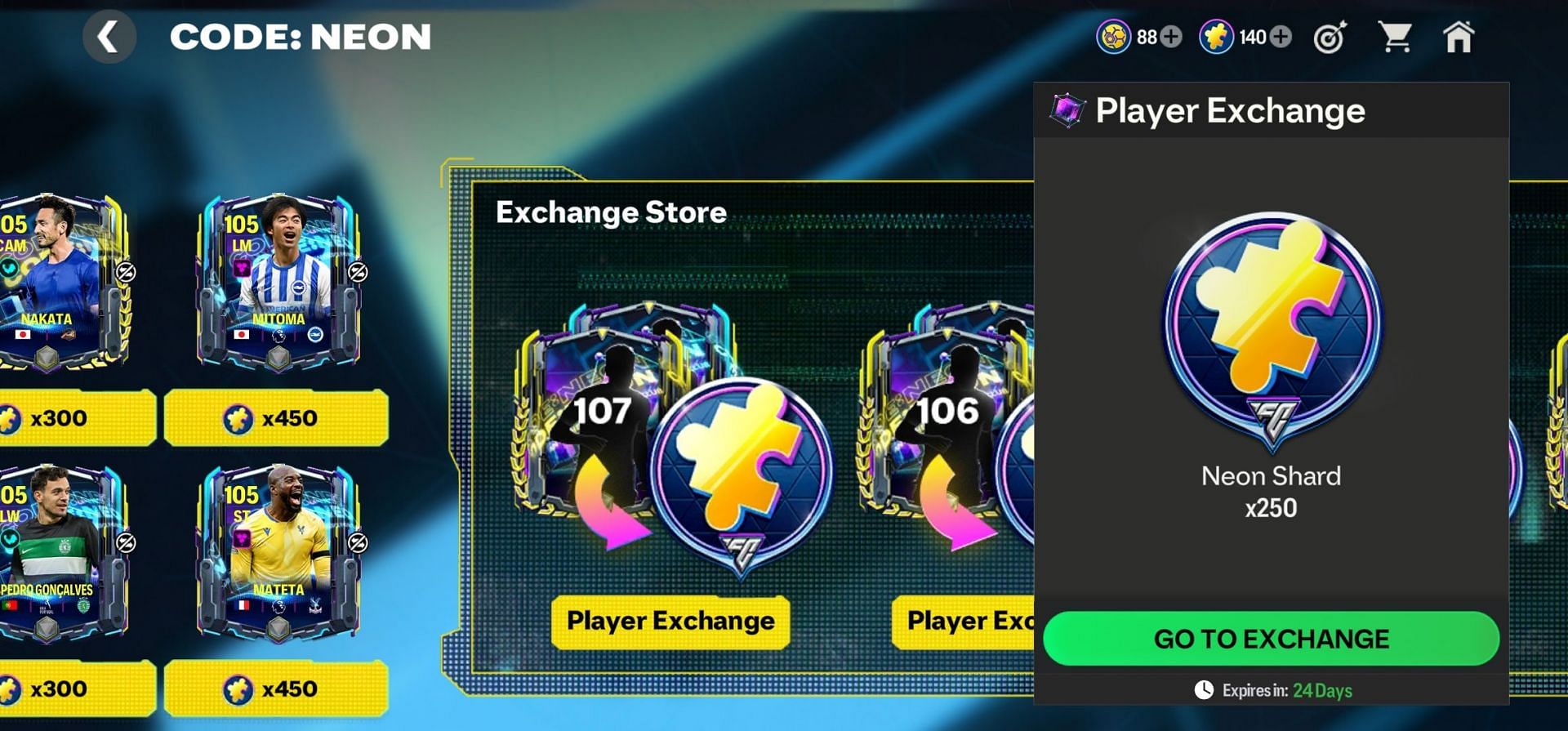 EA FC Neon Shards can be claimed in the Code Neon Gallery Exchange Store upon player Exchanges (Image via EA Sports)