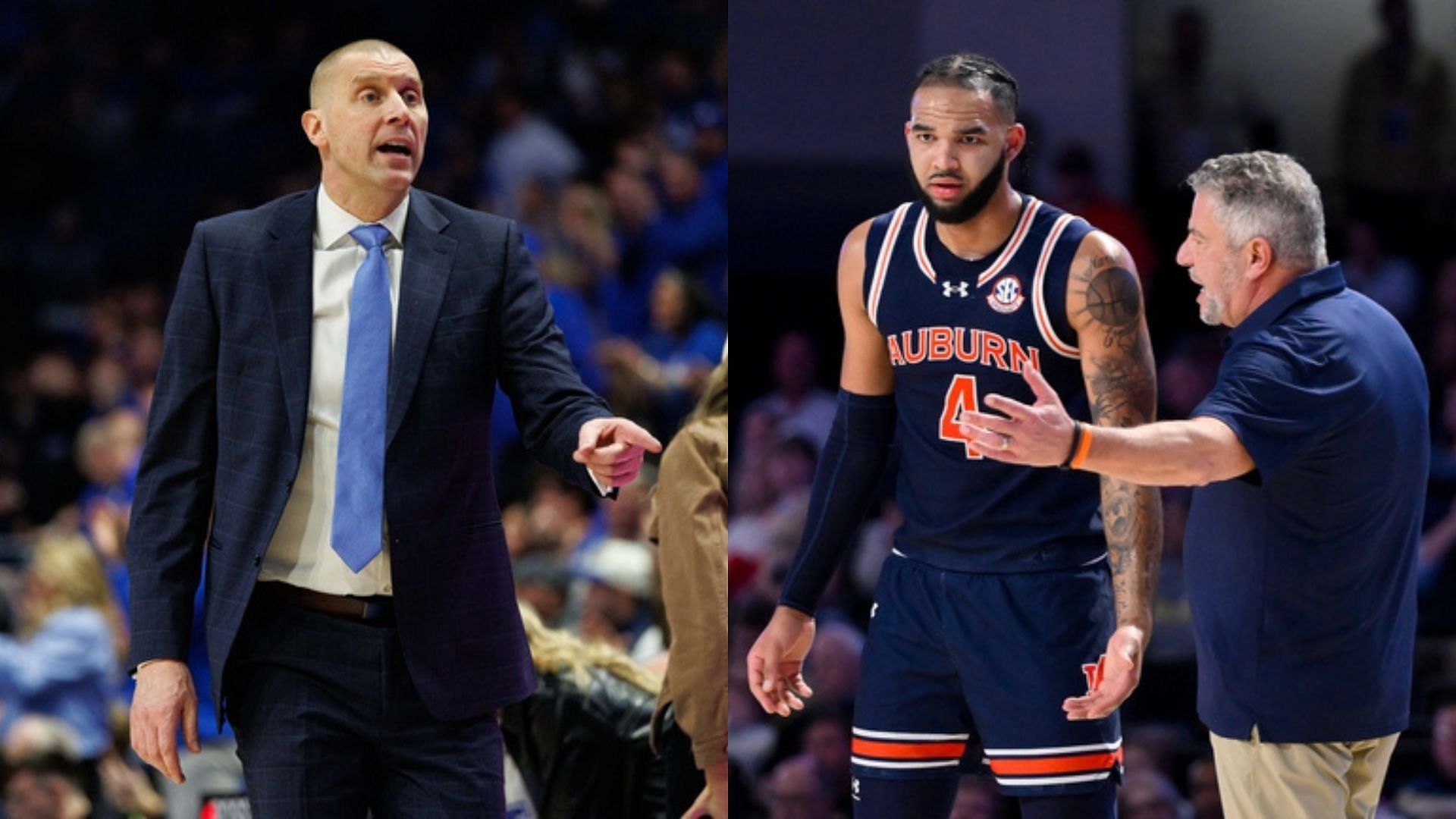 Kentucky coach Mark Pope; Auburn star Johni Broome talks with Bruce Pearl. Source: Imagn