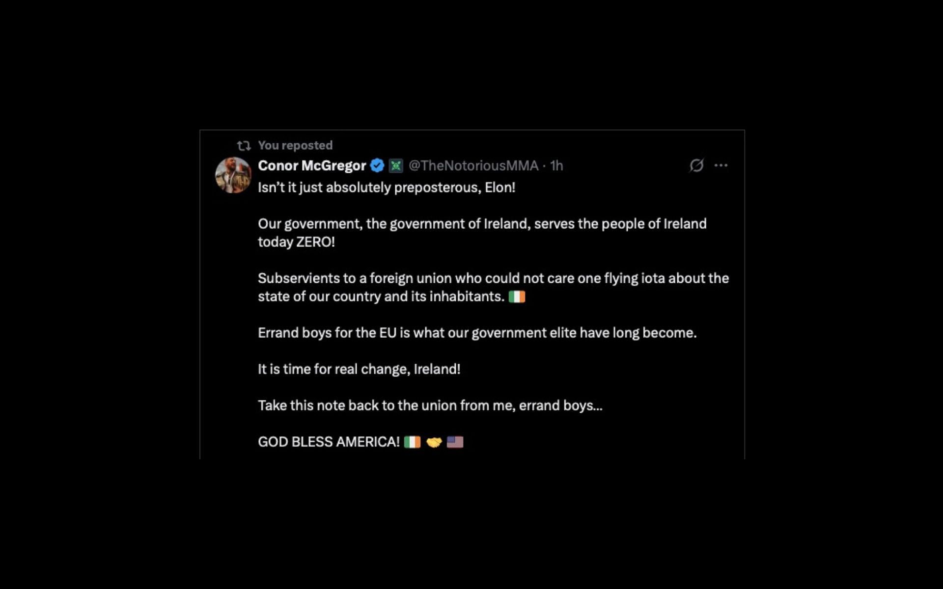 Conor McGregor supports Elon Musk&#039;s stance on the European Union. [Screenshots courtesy: @thenotoriousmma on X]