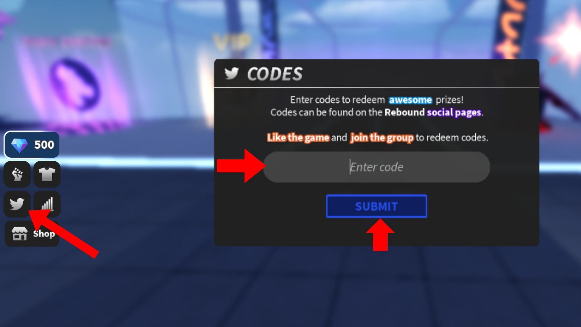 Click the bird icon to open the code box (Image via Roblox)