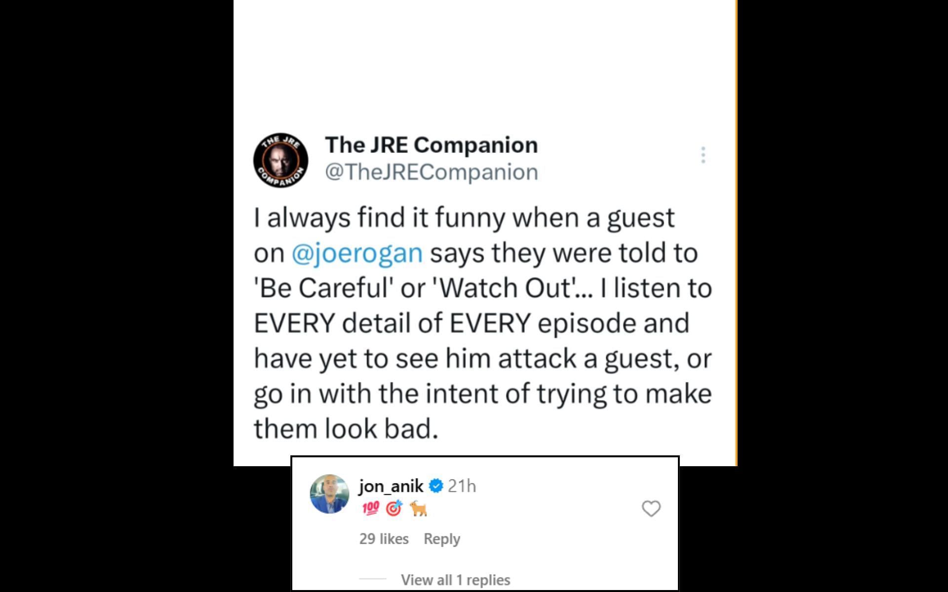 Screenshot of Jon Anik&#039;s comment [Image courtesy: @thejrecompanion on Instagram]