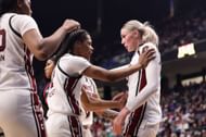 Chloe Kitts (#21) of the South Carolina Gamecocks reacts with teammate MiLaysia Fulwiley (#12) during the second half against the Maryland Terrapins in the Sweet 16 round of the NCAA Women's Basketball Tournament at Legacy Arena at the BJCC on March 28, 2025 in Birmingham, Alabama. Photo: Getty