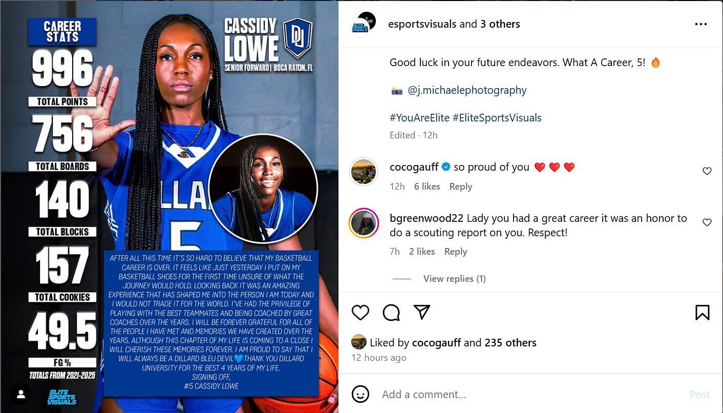 Coco Gauff&#039;s comment (top, below caption) on Cassidy Lowe&#039;s Instagram post (@cassidyy_lowe)